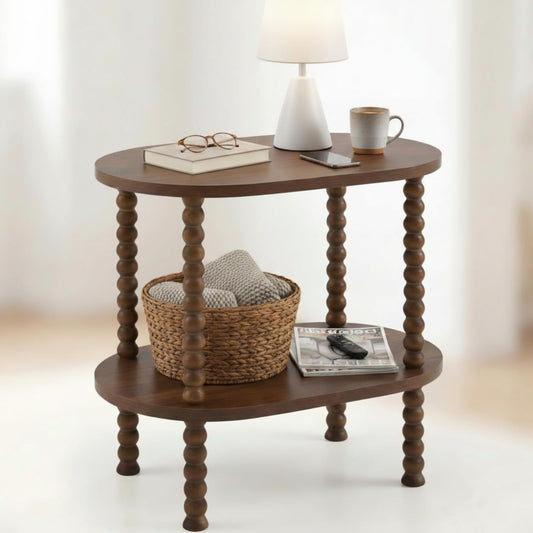 AceOrbit 2 Tier Spindle Side Table Small Rustic Vintage Bedside Nightstand Coffee End Table with Storage Shelf Nightstand for Small Space, Bedroom, Indoor Outdoor, Easy Assembly (Brown,Oval)