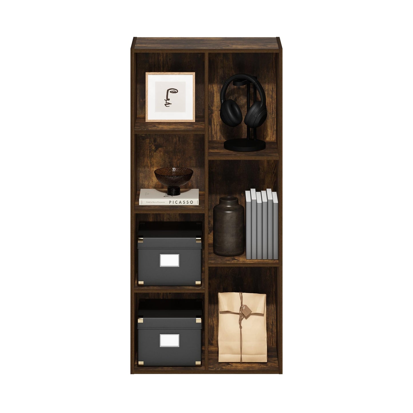 Furinno LUDER Book Shelf, 7-Cube Bookshelf, Bookcase with Open Shelves, 9.4 x 19.5 x 41.7, Easy Assembly, for Living Room, Bedroom, Home Office, Amber Pine