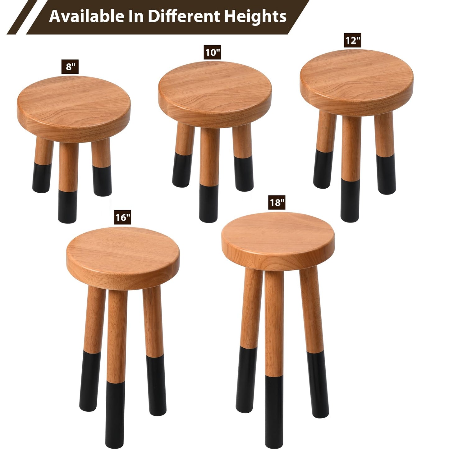 JOLLYMER Rubber Wood 9" Round Plant Stand |Dip Dyed Black Accent Stool |Small Drinking Table |Side Table(18" H)