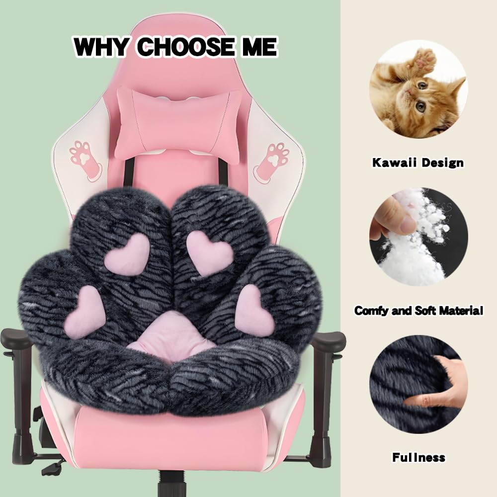 MOONBEEKI Cat Paw Cushion Chair Comfy Kawaii Plush Seat Cushions Shape Lazy Pillow for Gamer Chair 28"x 24" Cozy Floor Cute Seat Kawaii for Girl Worker Gift, Dining Room Bedroom Decorate （Black Silve）