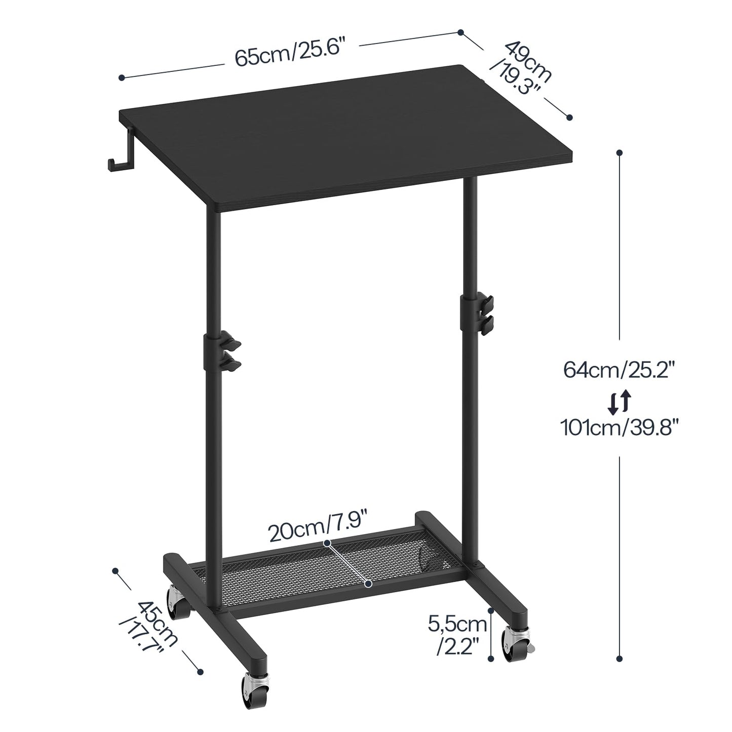 HOOBRO Standing Desk, Rolling Desk Adjustable Height, Portable Podium Stand, Mobile Stand Up Desk with Locking Wheels and Hooks, for Home Office and Living Room Use, Black BB01ZJ01