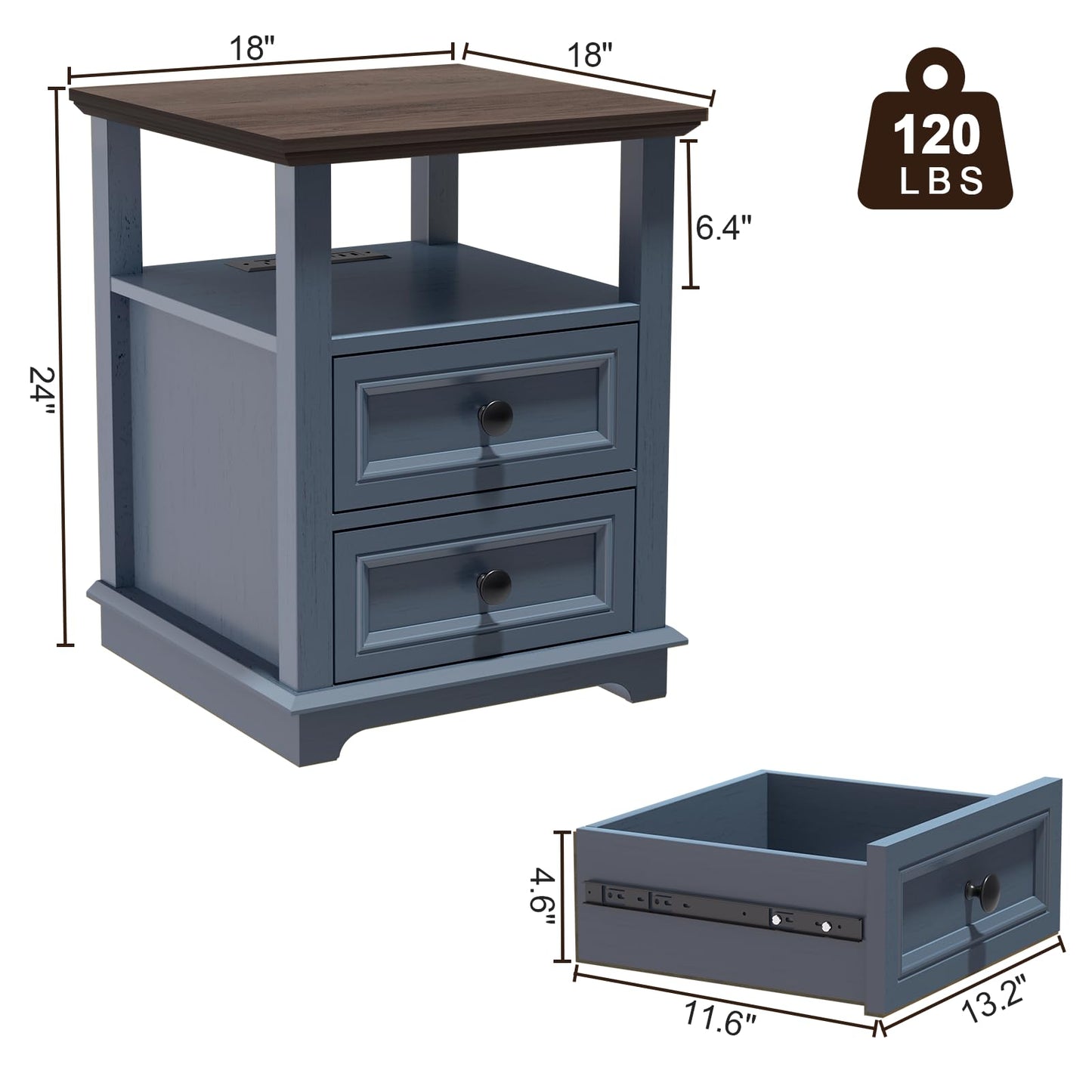REDAYFUR End Table with Fast USB C Charging Station, 18" Wide Tall Sofa Side Table with 2 Drawers, Large Storage Rustic Wood Square Storage Cabinet for Living Room, Bedroom, Office, Blue