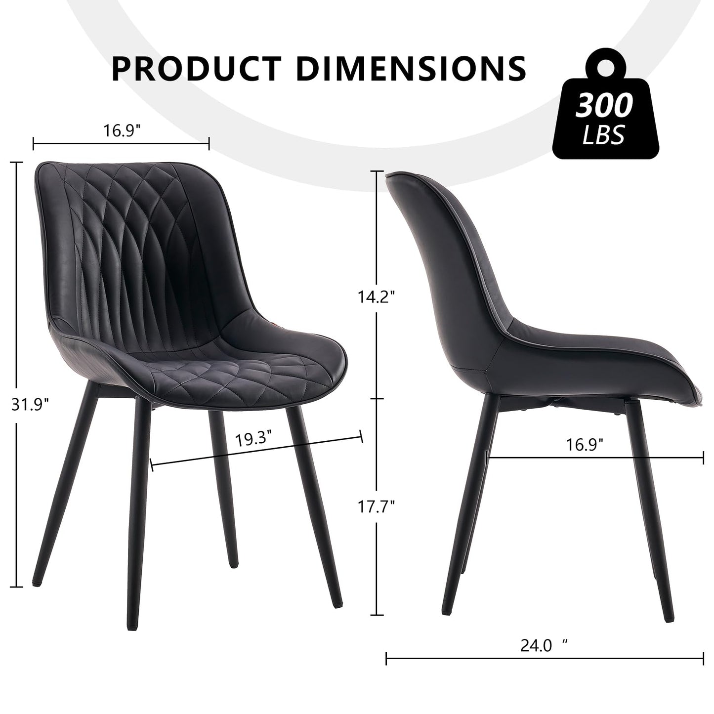 YOUNIKE Black Faux Leather Dining Chairs Set of 2 Mid-Century Modern High Padded Back Comfy Upholstered Kitchen Chairs with Metal Legs Wide Seat Accent Side Chair for Dining/Living/Waiting Room