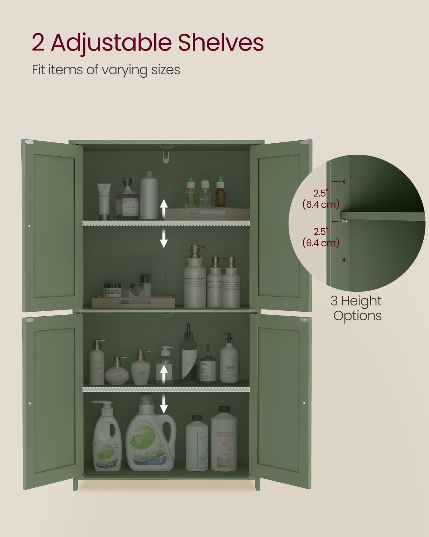 VASAGLE Floor Storage Cabinet, Shaker Cabinet with 2 Adjustable Shelves, 4 Doors, Tall Freestanding Organizer Unit, for Kitchen Bathroom Living Room, Forest Green UBBC553CH01S