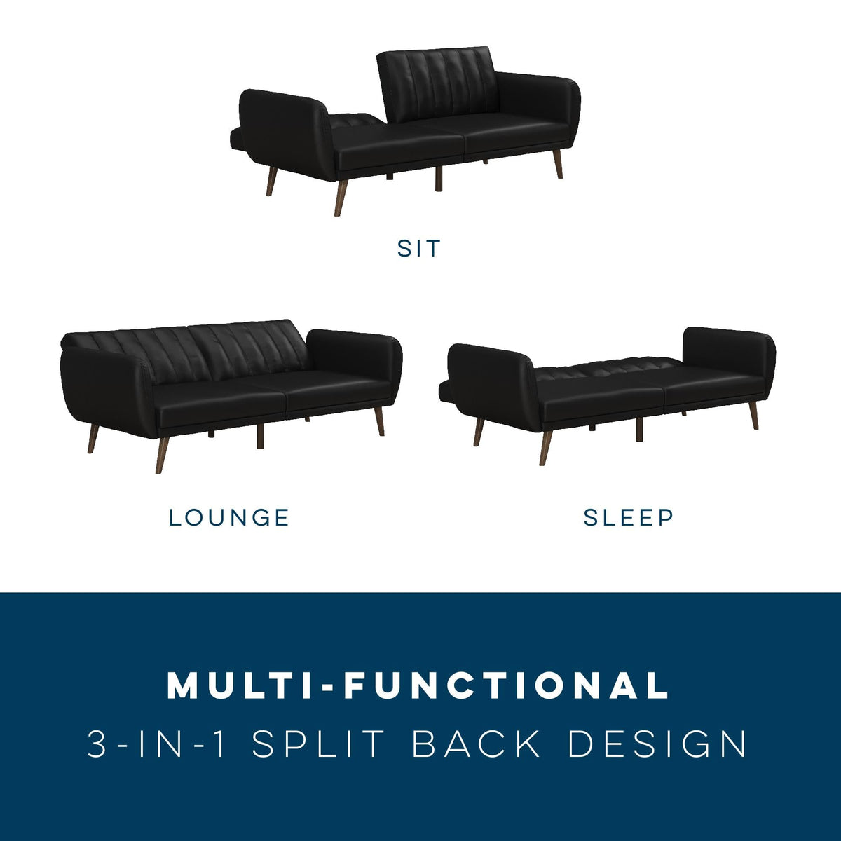 Novogratz Brittany 82 Inch Futon Sofa Bed in Faux Leather, Upholstered Couch Sleeper with Tufted Back, Mid-Century Modern Design, Black