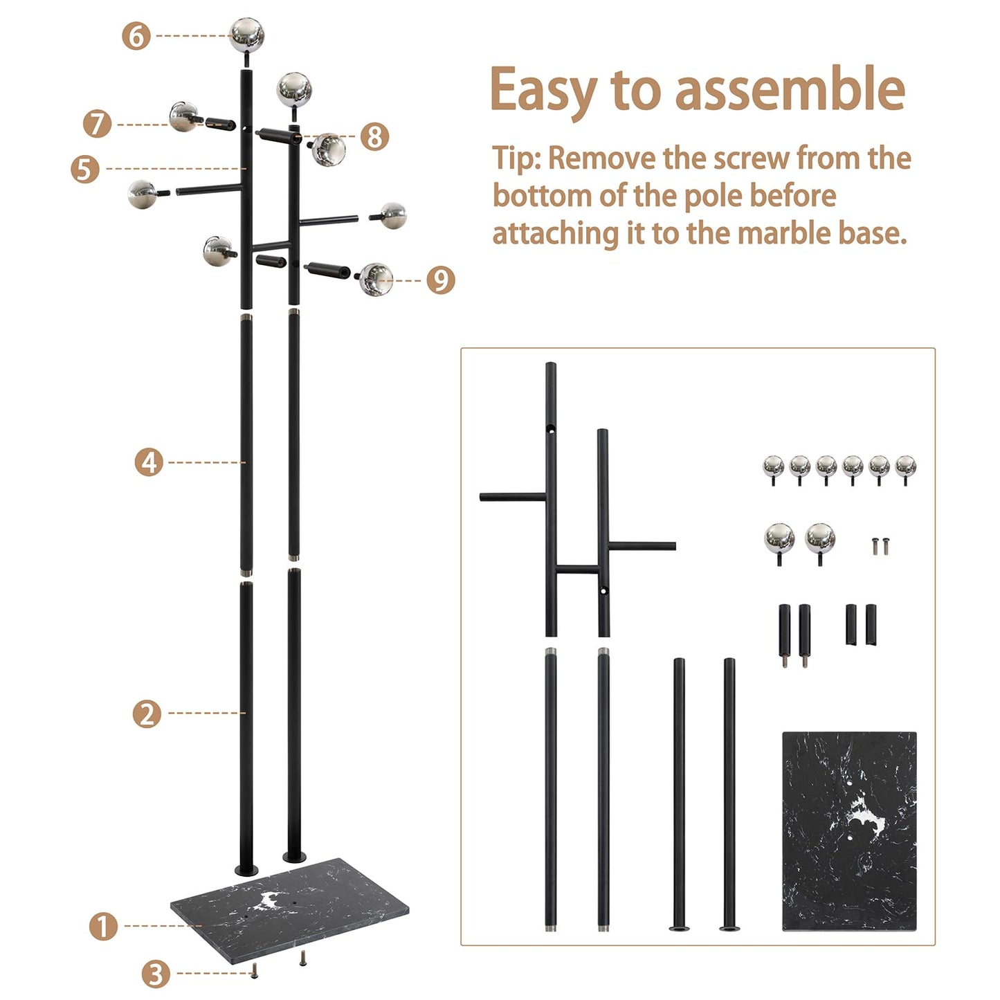 JIAYUEJU Coat Rack Freestanding with Marble Base, Heavy Duty Metal Clothes Rack, Corner Coat Tree Hat Rack for Entryway Bedroom Living Room Hotel 14.96 x 10.24 x 68.9 Inches (Black)