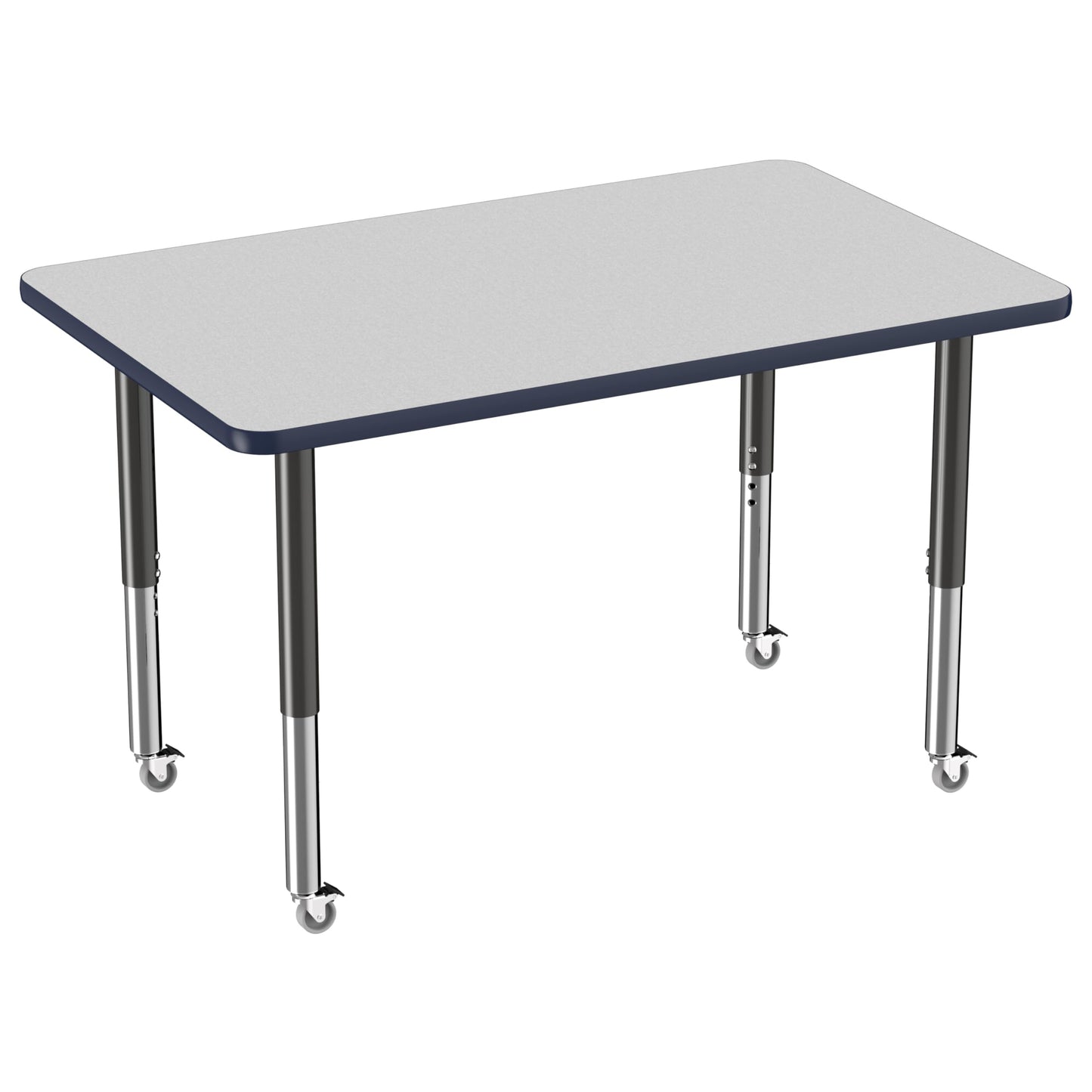 Factory Direct Partners FDP Mobile Rectangle Activity School and Office Table (30 x 48 inch), Super Legs with Glides and Casters, Adjustable Height 19-30 inches - Gray Top and Navy Edge