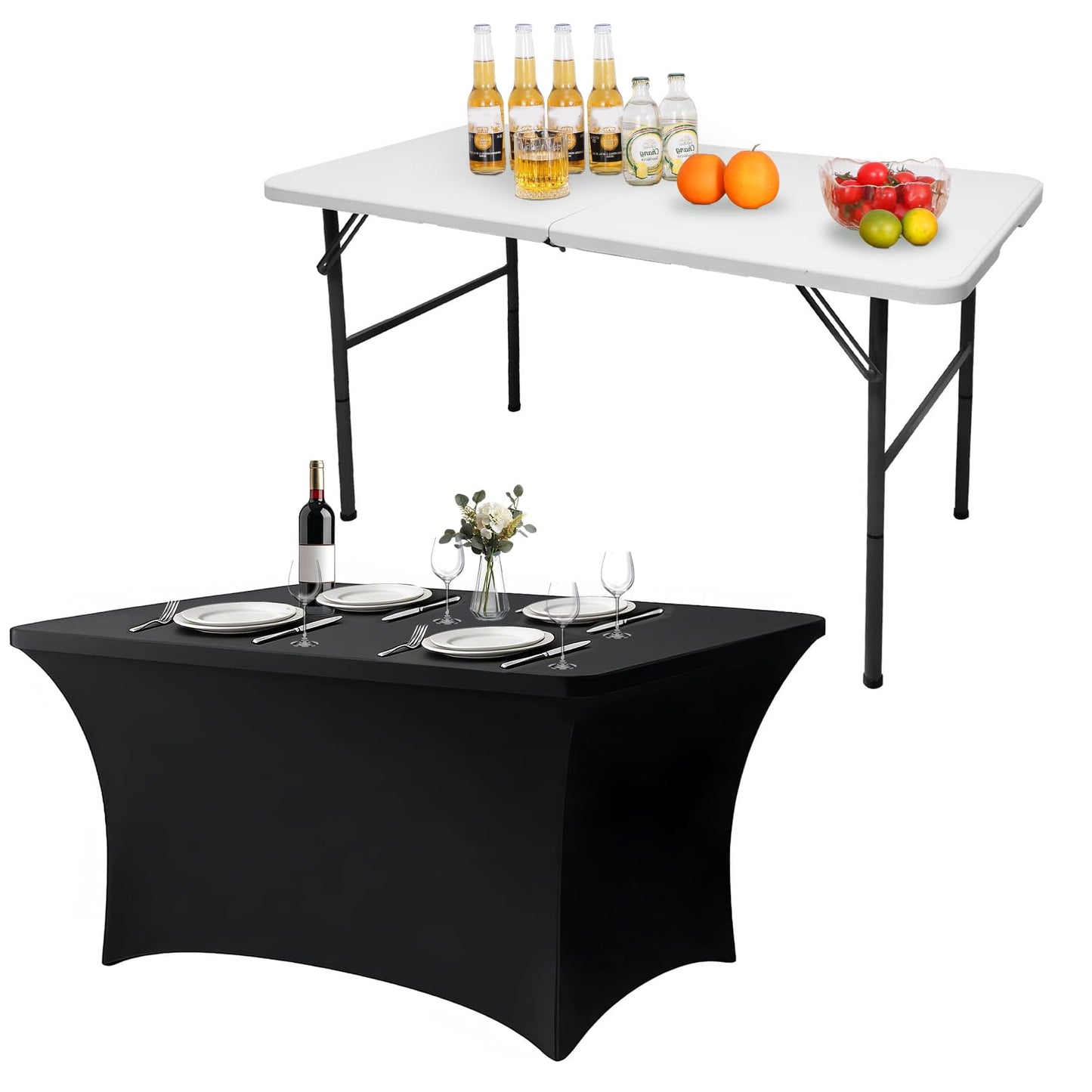 Camp Field Set 4 Foot Folding Table with Table Cloth, Spandex Stretch Table Covers, Fold-in-Half, Portable Heavy Duty Plastic Folding Table with Handle, Indoor Outdoor Use(White Set, 4FT)