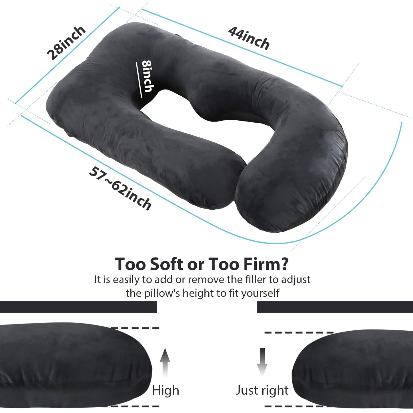 BATTOP Pregnancy Pillows for Sleeping, Full Body Maternity Pillow for Side Sleeping, Support for Back, Legs, Belly, Hips, 57 Inch Pregnancy Pillow with Removable Cover, Black