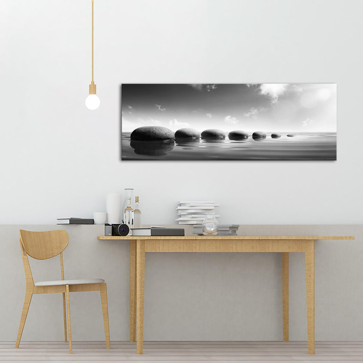 iKNOW FOTO Large Tranquil Zen Stones Canvas Print Monochrome Spa Wall Decor for Home & Office - Serene Nature Artwork for Living Room, Bathroom Mindfulness Black & White Picture 20x55 Inch