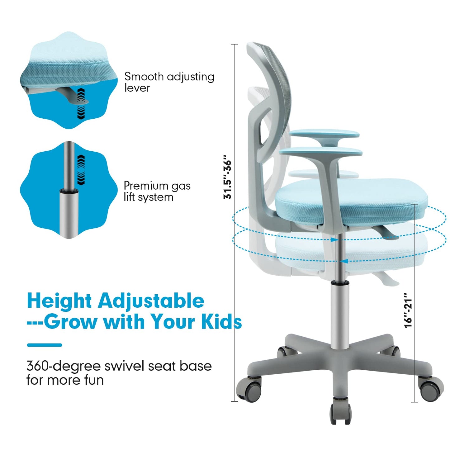 Costzon Kids Desk Chair, Adjustable Children Study Computer Chair with Arms & Wheels, Student Swivel Rolling Task Chair, Ergonomic Kids Office Chair for Boys Girls Age 4-12, Home Bedroom School, Blue