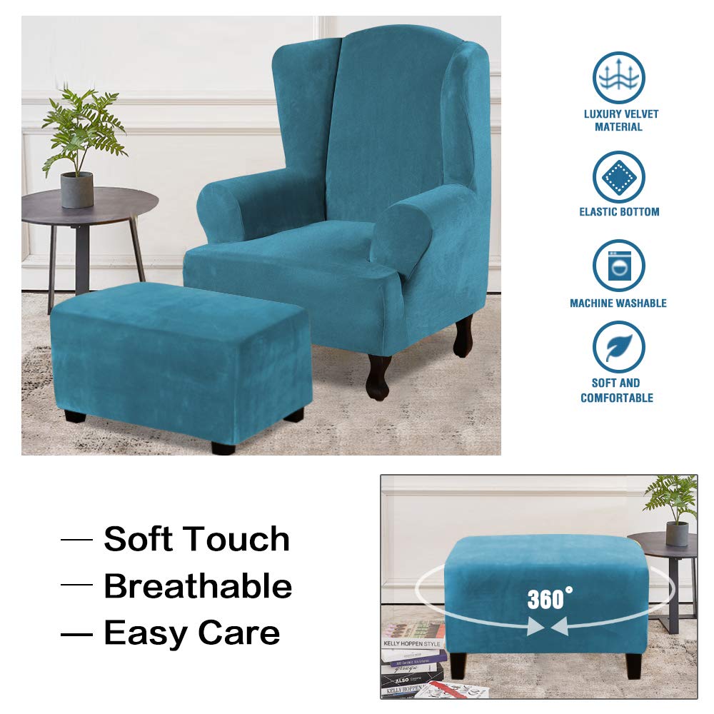 H.VERSAILTEX Real Velvet Plush 1 Piece Form Fit Stretch Rectangle Folding Storage Covers Ottoman Slipcovers Removable Footstool Protect Footrest Covers Elastic Bottom Washable(Large, Peacock Blue)
