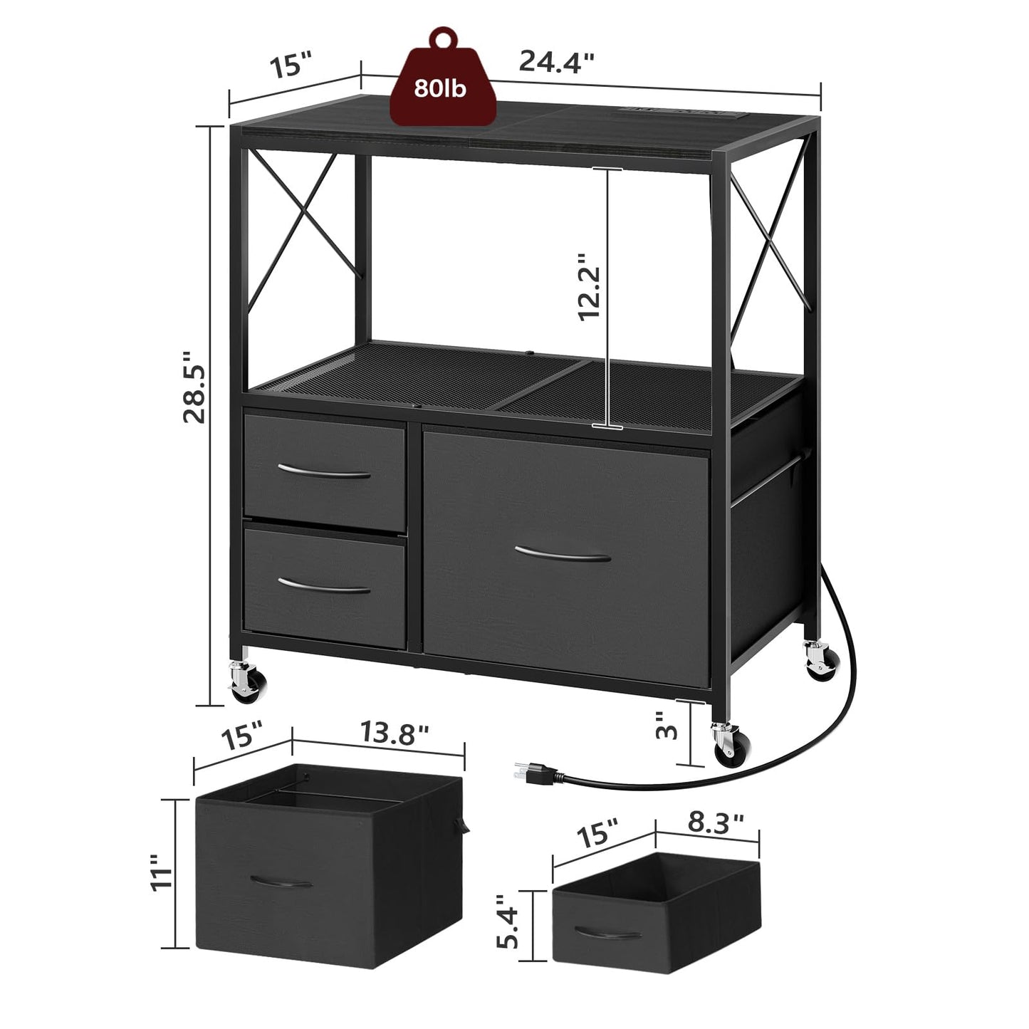 MAHANCRIS File Cabinet with Charging Station, 3 Drawer Lateral Filing Cabinet for Home Office, Mobile Printer Stand with Open Shelf, Fits A4/Letter Size File, Nonwovens Drawer, Black FCHB98E01