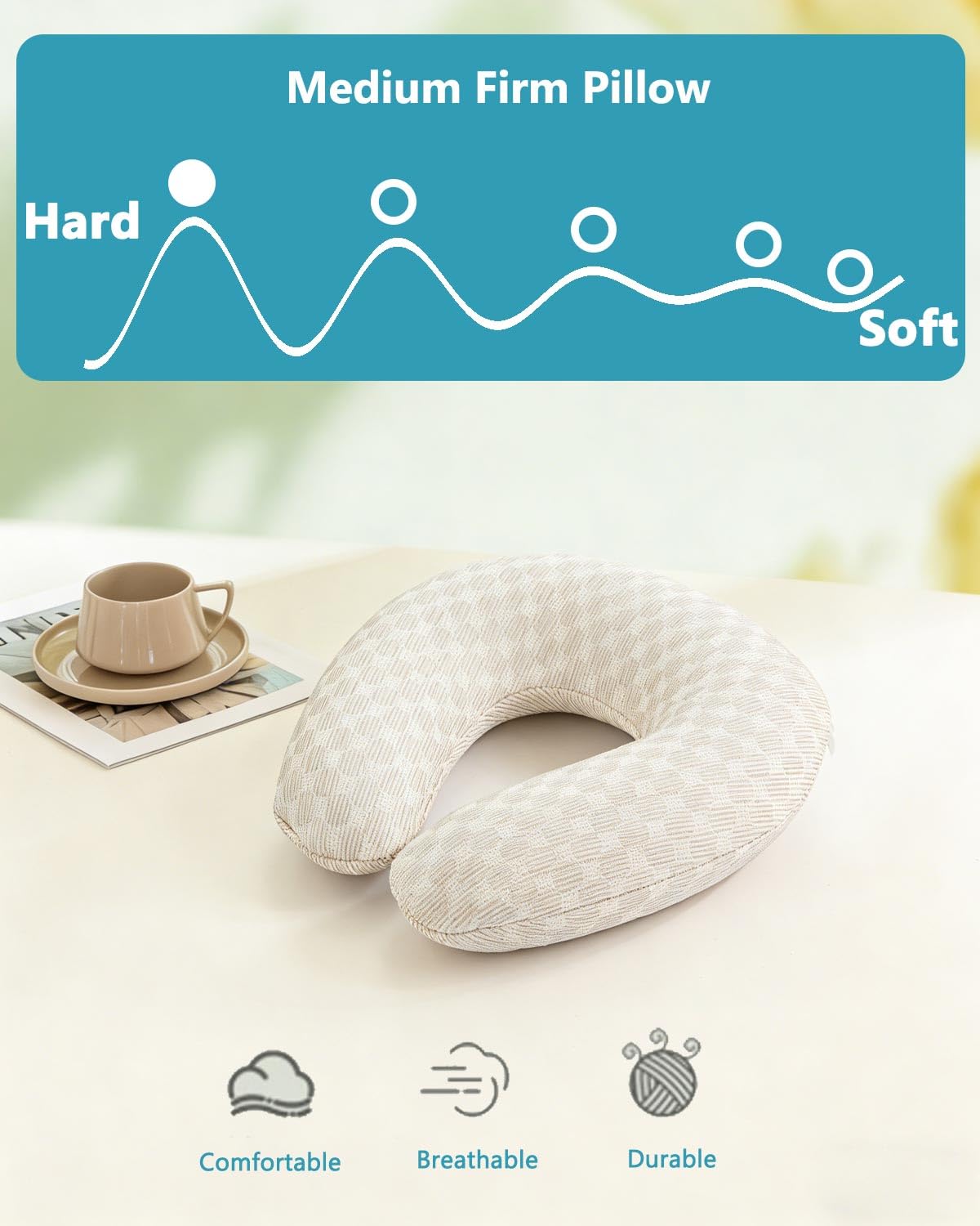 Edomi Buckwheat Neck Pillow with Dual-Layer Pillowcase, 12''x12'' Adjustable Firm U Shaped Pillows, Breathable for Cool Sleep, Neck Support Buckwheat Hulls Pillow for Back Sleeper (Khaki)