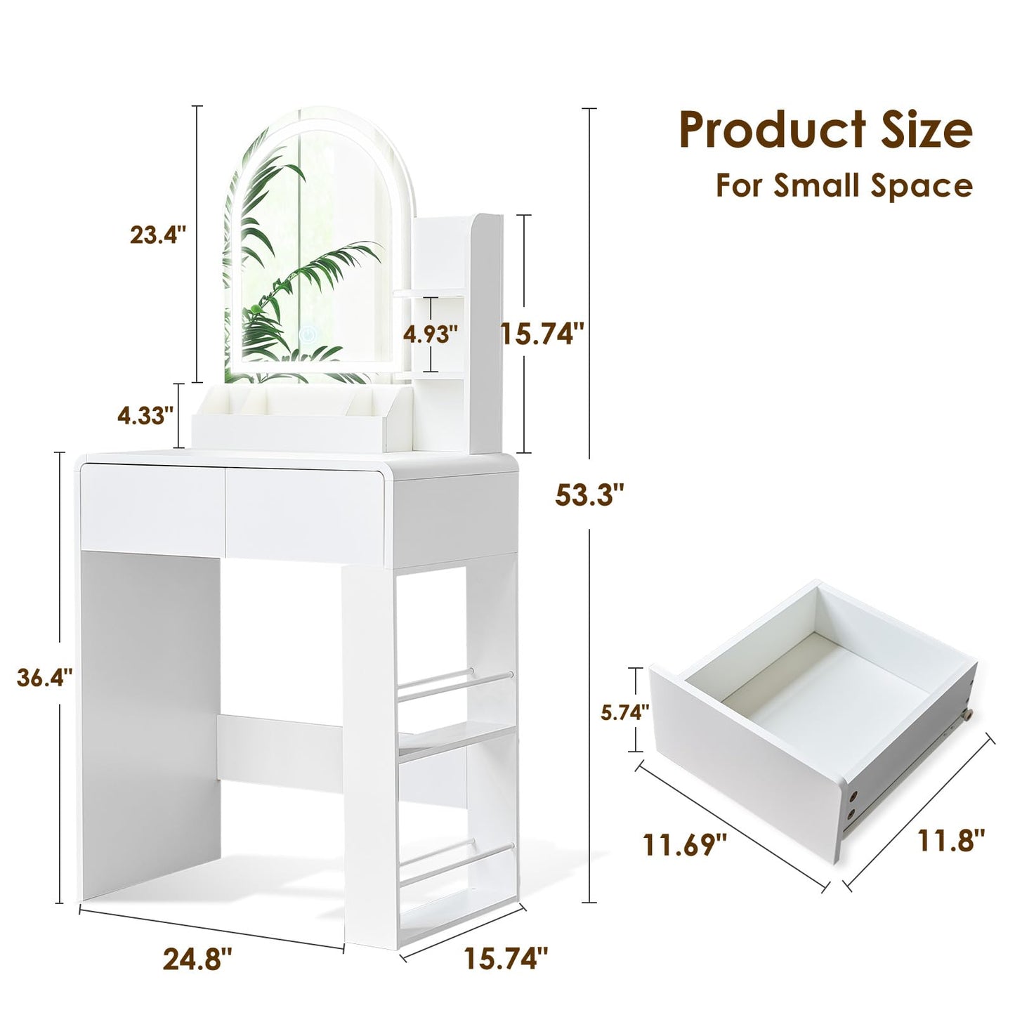 JanflyHome Vanity, Small Vanity Desk with Mirror and Lights, Side Shelf Storage Space, Compact Girls Dressing Table in Bedroom, Modern Round Curved Design, White