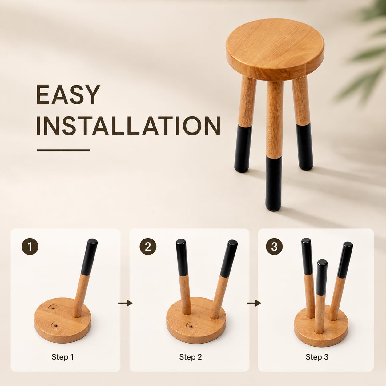 JOLLYMER Rubber Wood 9" Round Plant Stand |Dip Dyed Black Accent Stool |Small Drinking Table |Side Table(18" H)