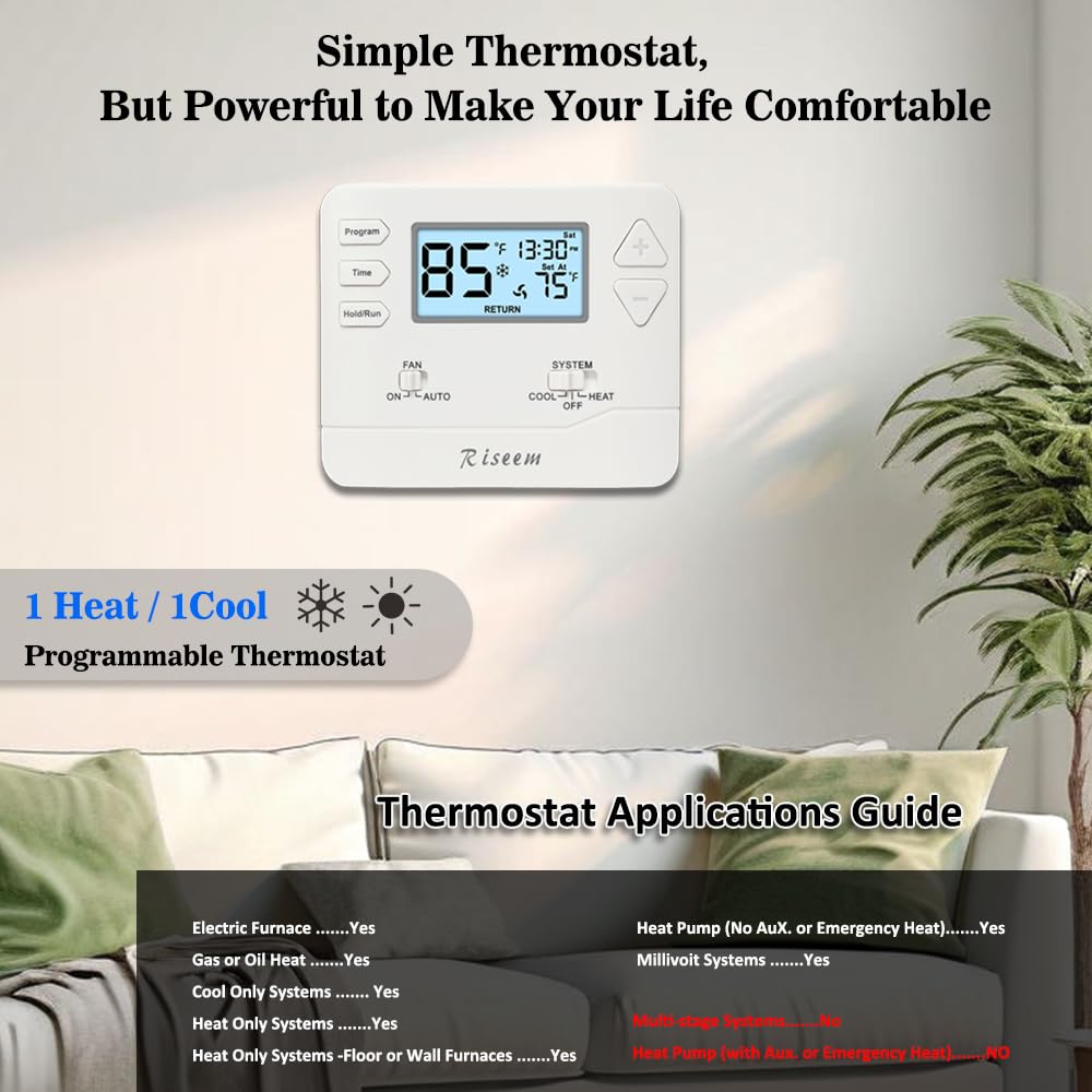 Programmable Thermostat for Home,Conventional Single-Stage Systems,5-1-1 Day Programmable Digital Energy-Saving Thermostat,up to 1 Heat/1 Cool Compatible with Gas System，White Backlight
