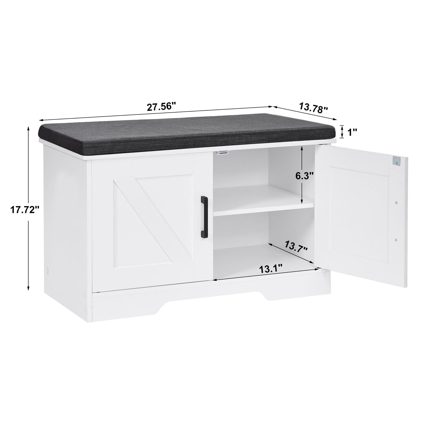 HOMSHO 2-Tier Storage Bench, 27.6" Wide Shoe Bench with Padded Seat Cushion, Entryway Bench with 2 Barn Doors and Adjustable Shelf, White
