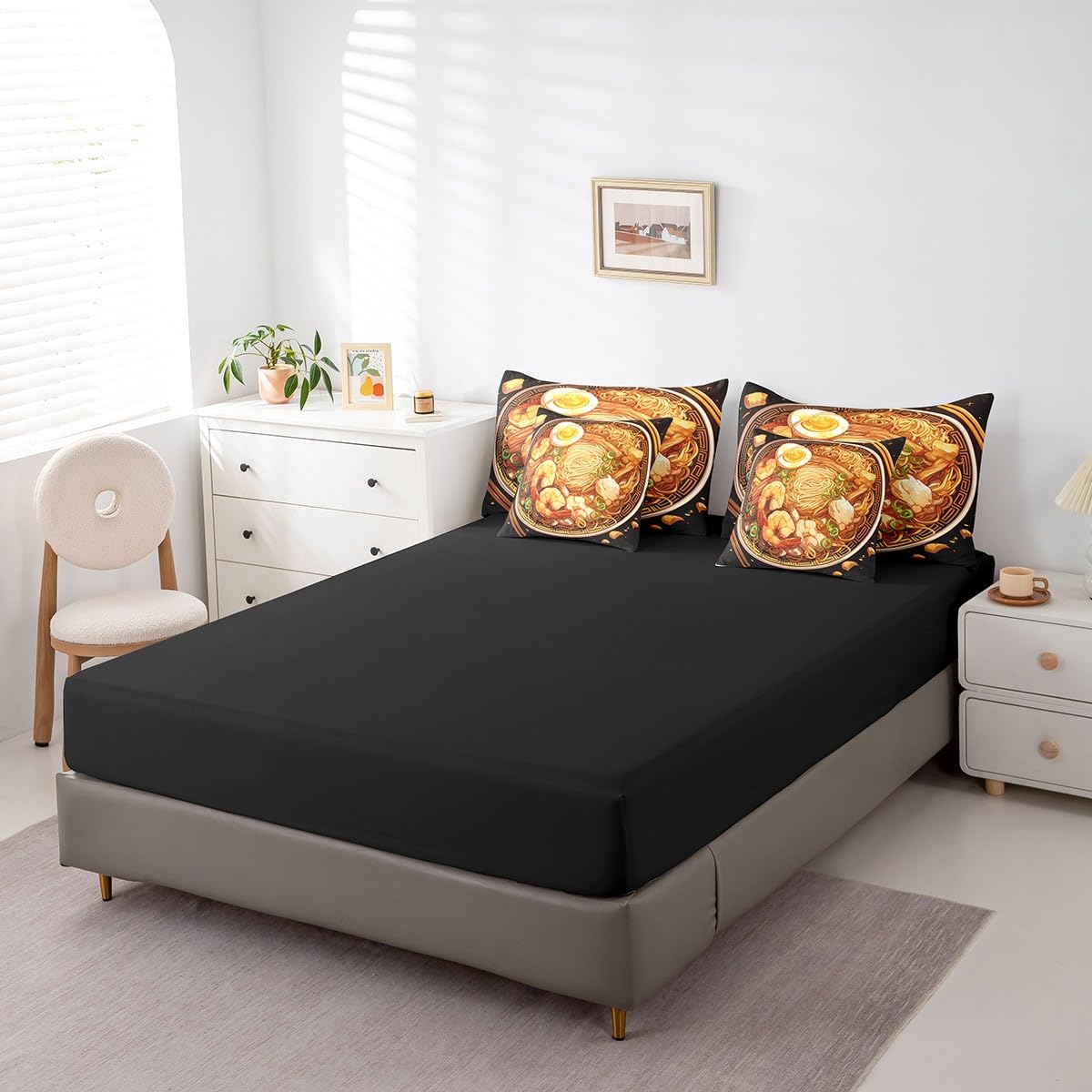 Erosebridal Ramen Noodle Queen Bedding Set 7 Piece,Japanese Ramen Bed Set Funny Gifts for Kids Teens Adults,Anime Style Comforter Set Food Themed Bed in a Bag with Fitted+Flat Sheet,Pillowcases