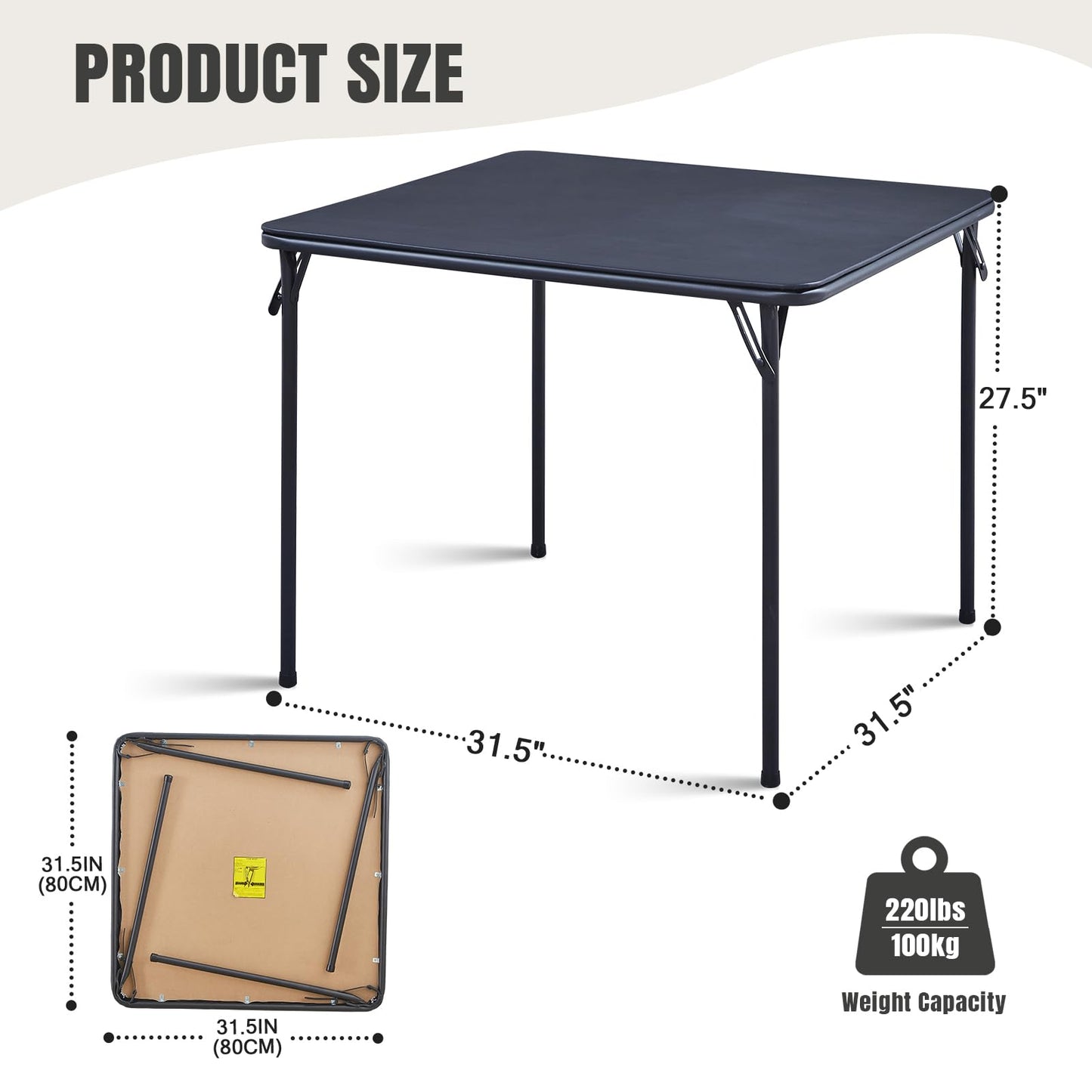 CHAIRABLE Square Folding Table, Portable Heavy Duty Card Table with Vinyl Top, Indoor Outdoor Foldable Table for Party, Picnic, Camping, Office & Events (Black)