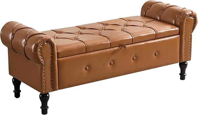 Storage Bench for Bedroom, Faux Leather 51" End of Bed Bench, Queen Size Bench