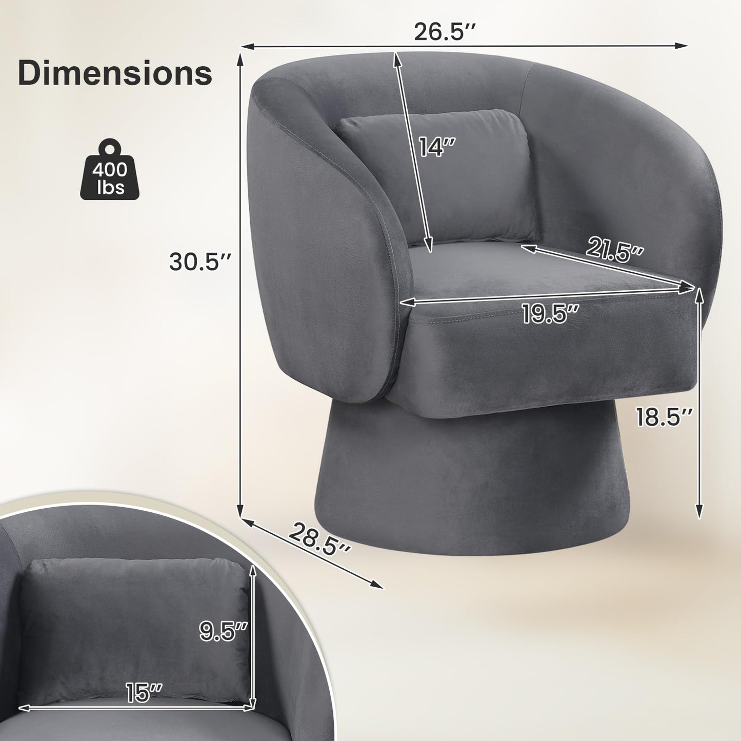 Giantex Swivel Accent Chair, Upholstered Barrel Chair with Curved Back & Removable Lumbar Pillow, Comfy Round Armchair with 360° Rotating Function, Single Sofa Chair for Living Room