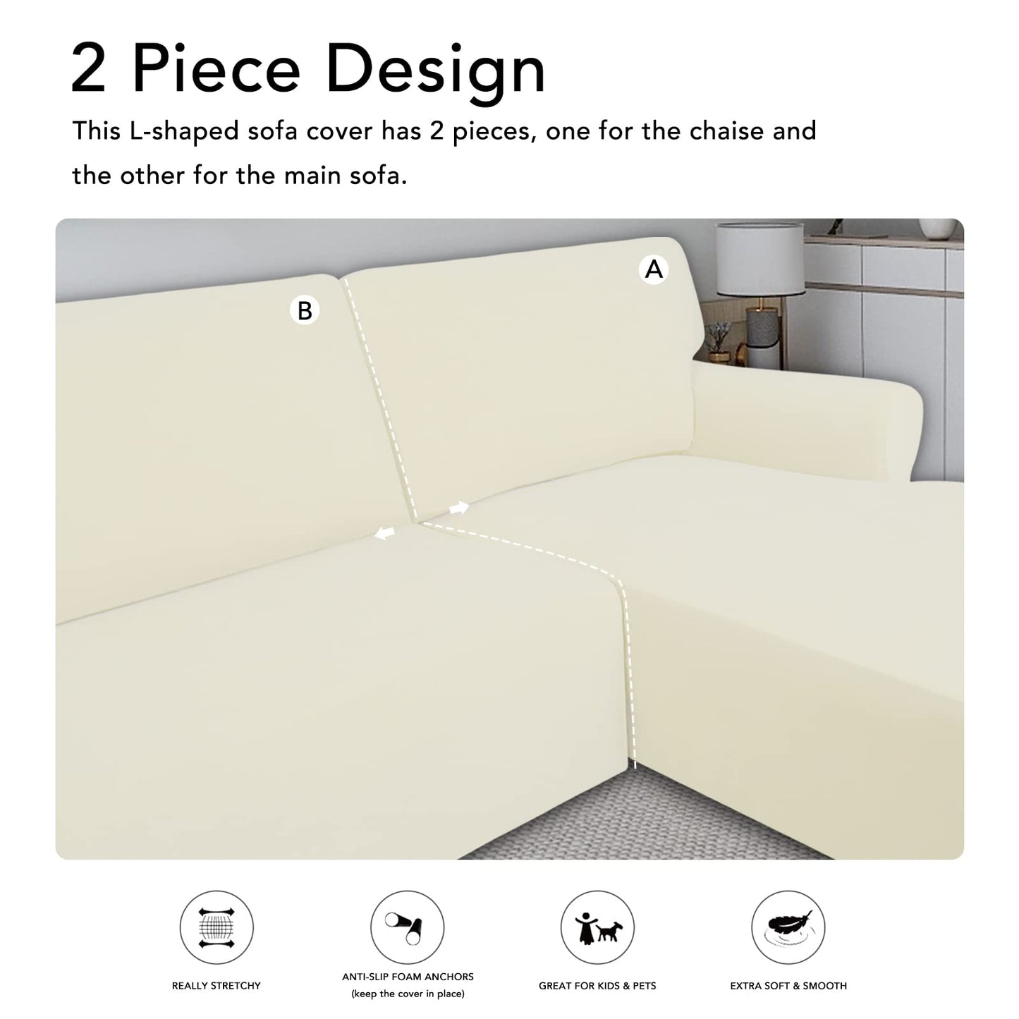 PureFit Super Stretch Sectional Couch Covers, polyester & spandex, Non Slip - 2 pcs Covers with Elastic Bottom for L Shape Sofa, Great for Kids & Pets (3 Seat Sofa + 3 Seat Chaise, Ivory)