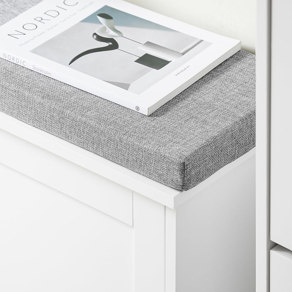 Haotian Small Shoe Cabinet Bench, Modern Shoe Storage Solution with Padded Cushion, 1 Flip Drawer for Narrow Entryway, White FSR195-W