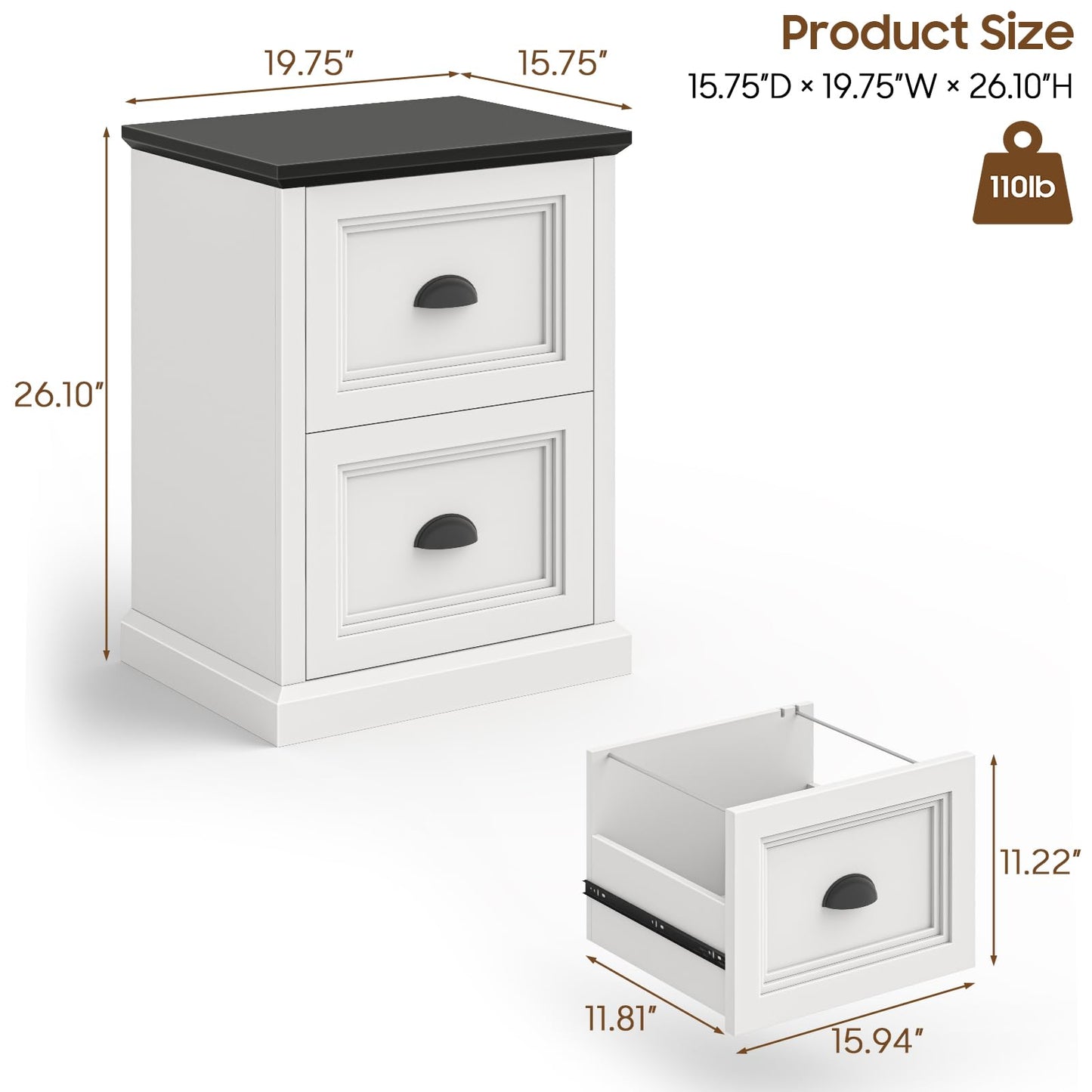 Halitaa Vertical File Cabinet, Filing Cabinet with 2 File Drawers, Farmhouse Small File Cabinet Fits Letter/A4 Size, Wooden Printer Stand, Under Desk Cabinets for Home Office, White and Black