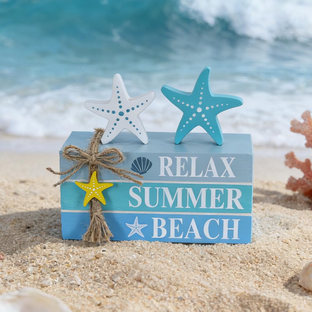 DECSPAS Beach Summer Table Decor, Starfish Wooden Stacked Books Sign for Ocean Tiered Tray Decorations, Coastal Nautical Shelf Table Centerpiece for Home, Room, Mantel, Tabletop, Farmhouse Gift