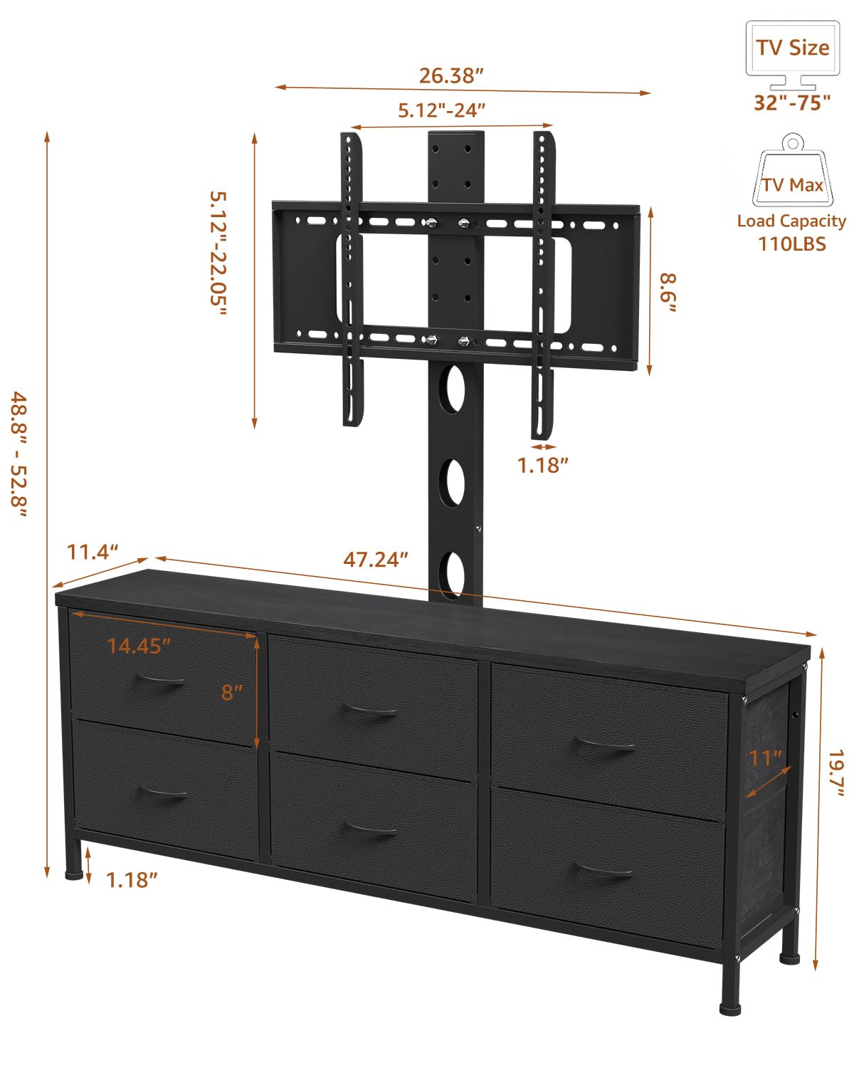 DrawXynth TV Stand with Mount, Fabric Dresser with 6 Drawers for 32/45/55/60/65/75 inch TVs, Black Dresser Entertainment Center, Modern Media TV Console Table