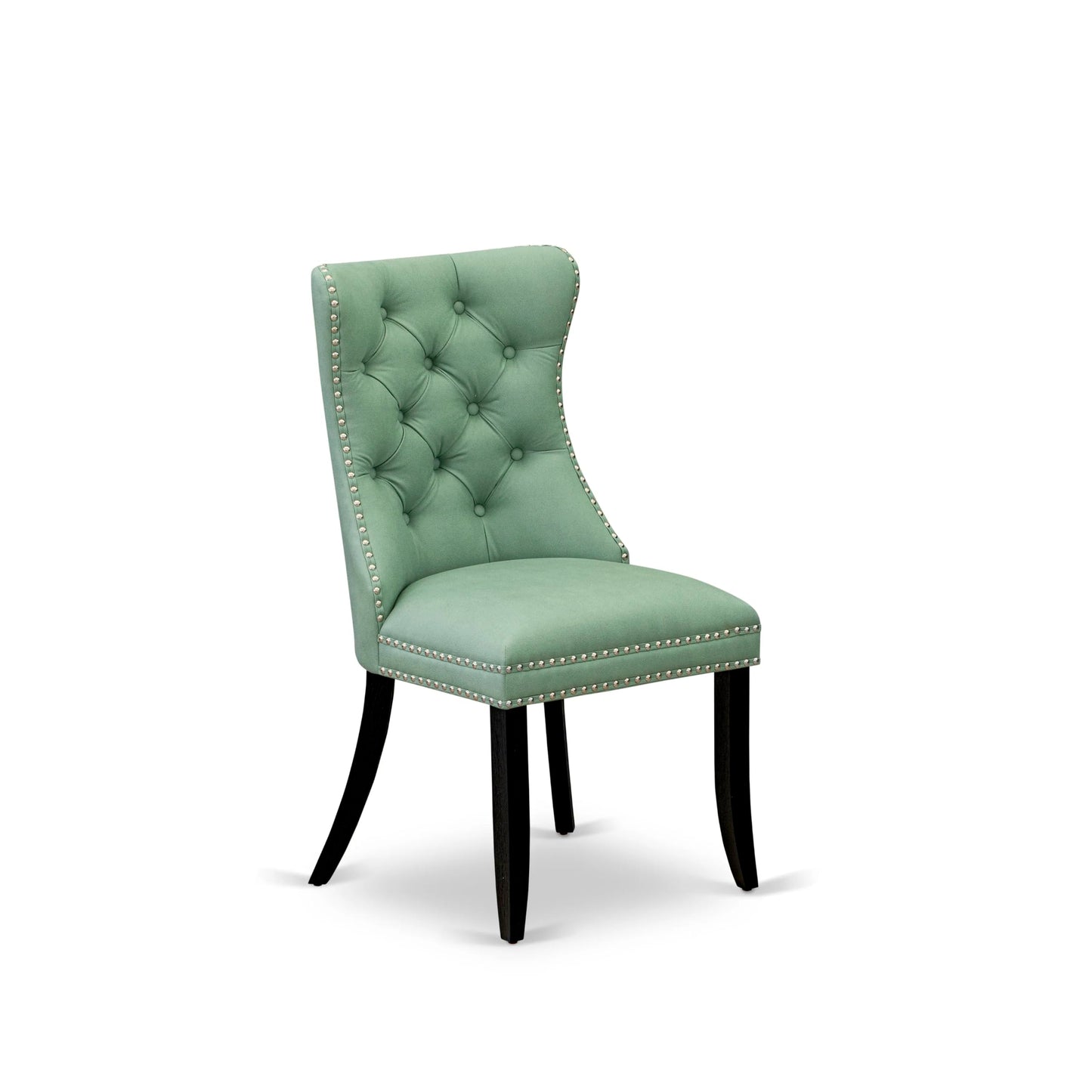 East West Furniture DAP6F22 Dallas Parson Dining Room Chairs - Button Tufted Nailhead Willow Green Polyester Fabric Padded Chairs, Set of 2, Wirebrushed Black