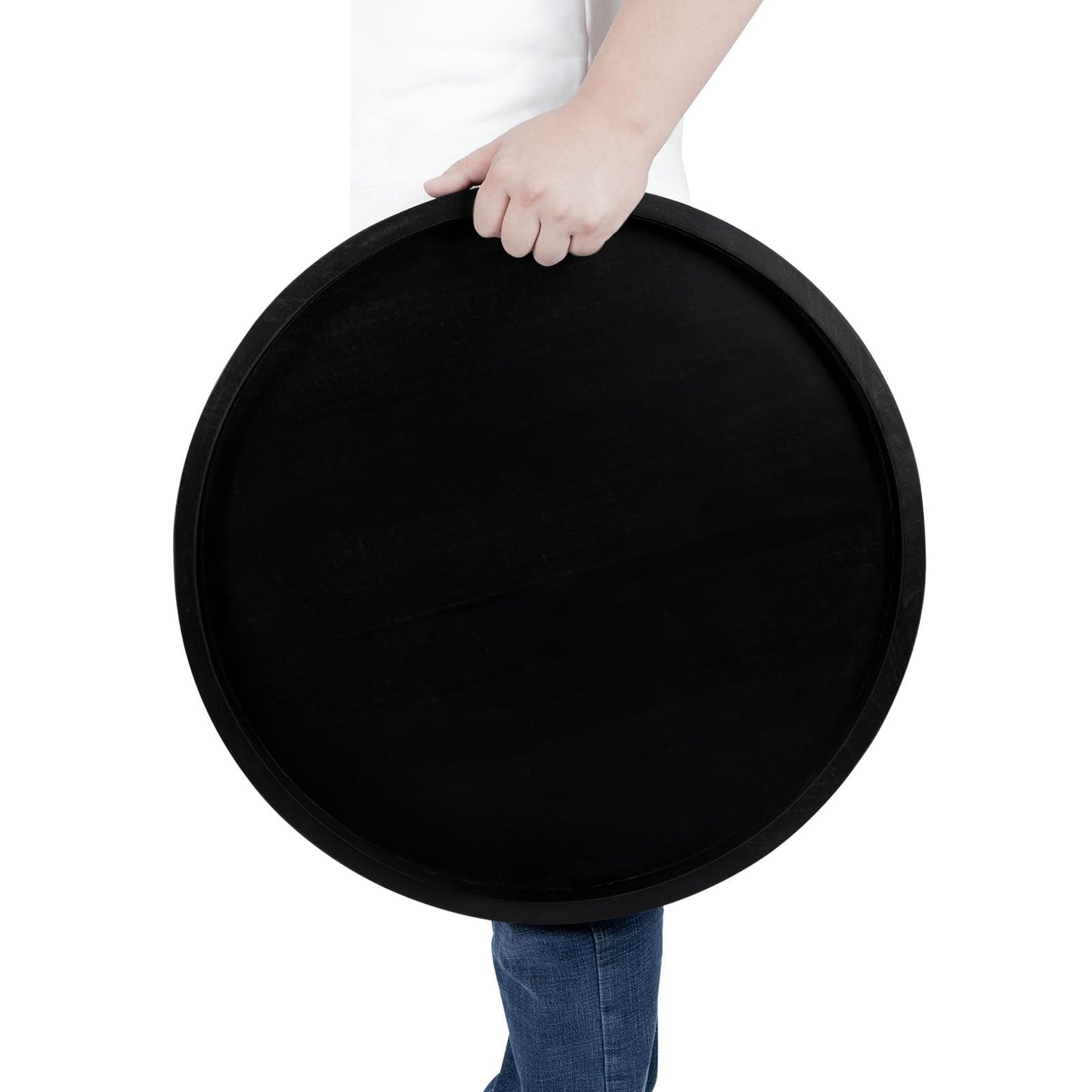Round Ottoman Tray Large Wood Serving Tray for Table Living Room Bedroom, 20 Inches Black