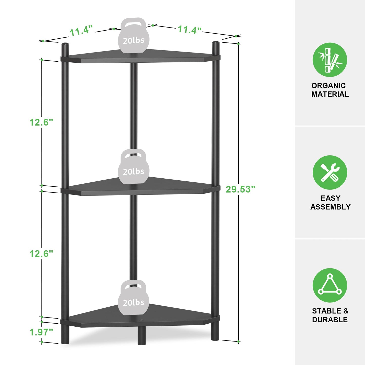 Wisuce Corner Shelf Stand - 3 Tier Bamboo Small Corner Bookshelf for Office Kitchen Bedroom Plant Stand Living Room Decor Small Space (Black)