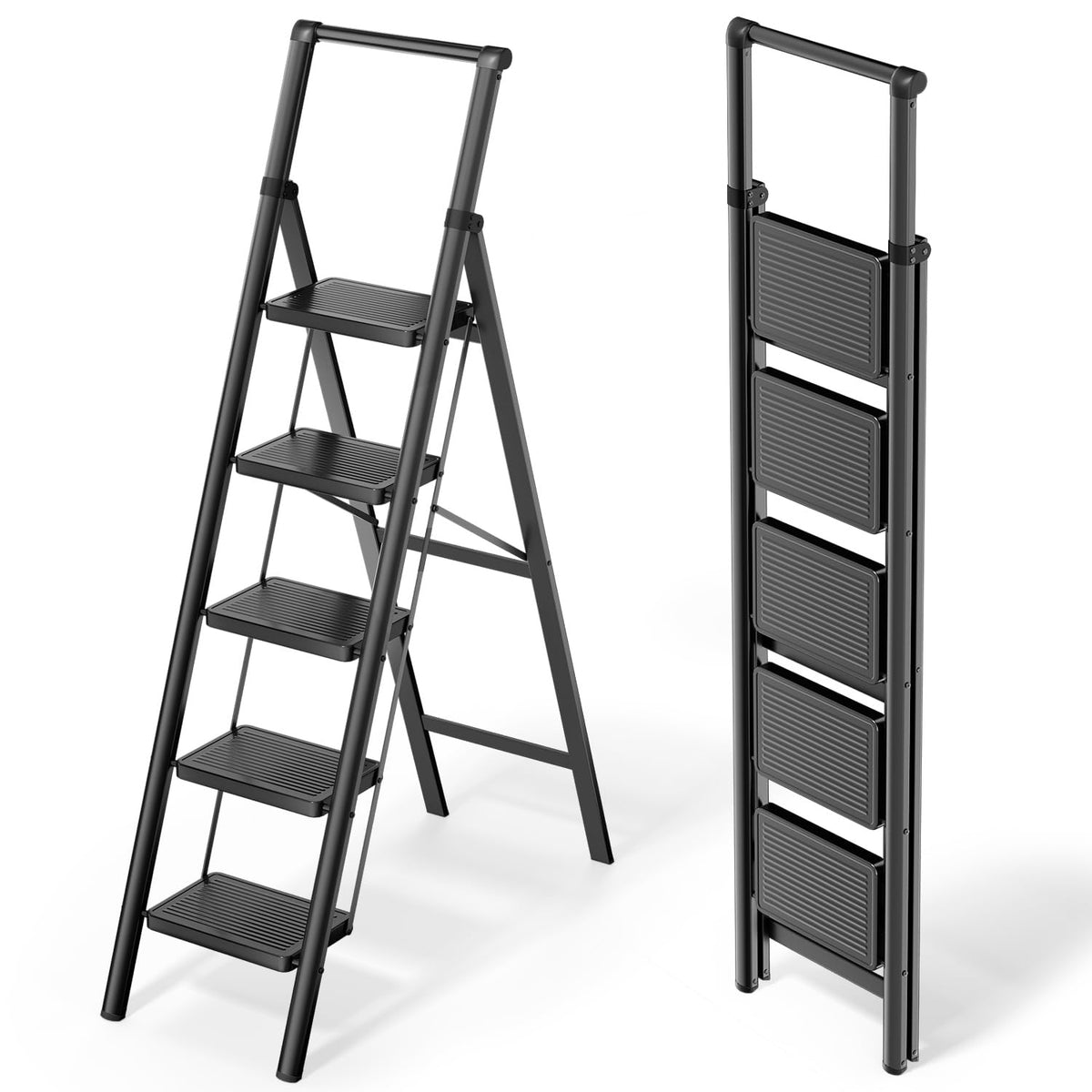 WOA WOA Step Ladder for Home, Foldable Step Stool for Kitchen with Non-Slip Pedals, Sturdy Ladders Supports up to 330 lbs, Compact and Portable - 5 Step with Handle/Black