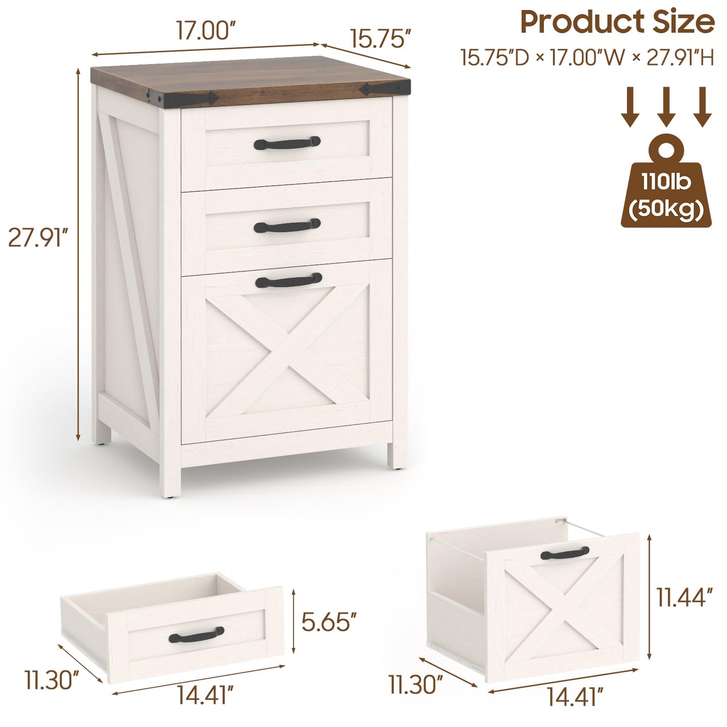 Halitaa 3 Drawer Small File Cabinet, Farmhouse Vertical Filing Cabinet Fits Letter and A4 Size, Under Desk Wooden File Cabinets for Home Office, Printer Stand, Rustic White