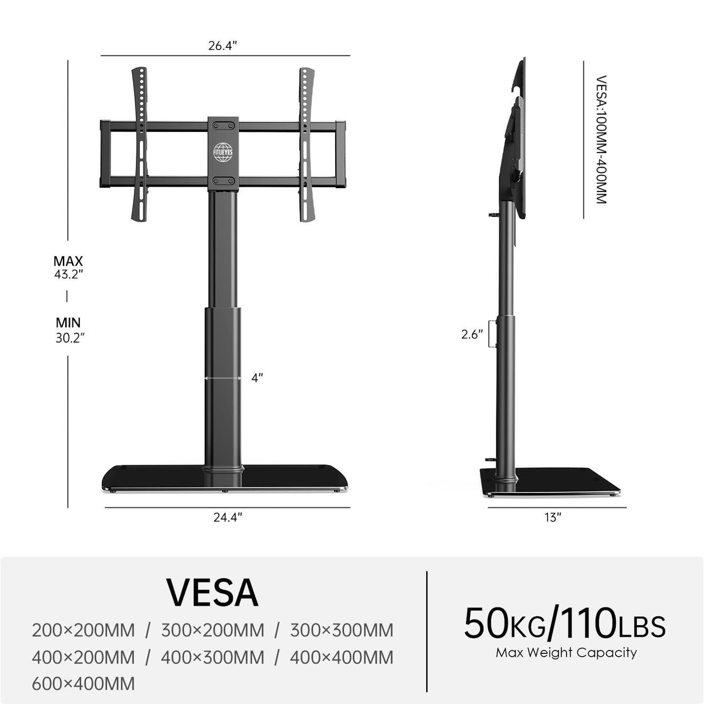 FITUEYES Universal TV Stand Mount for 43-80 85 inch TVs, Swivel Tall TV Mount Stand, Table Top TV Stand Base Replacement, Height Adjustable TV Table Stand, Glass Base, Max Holds 110lbs