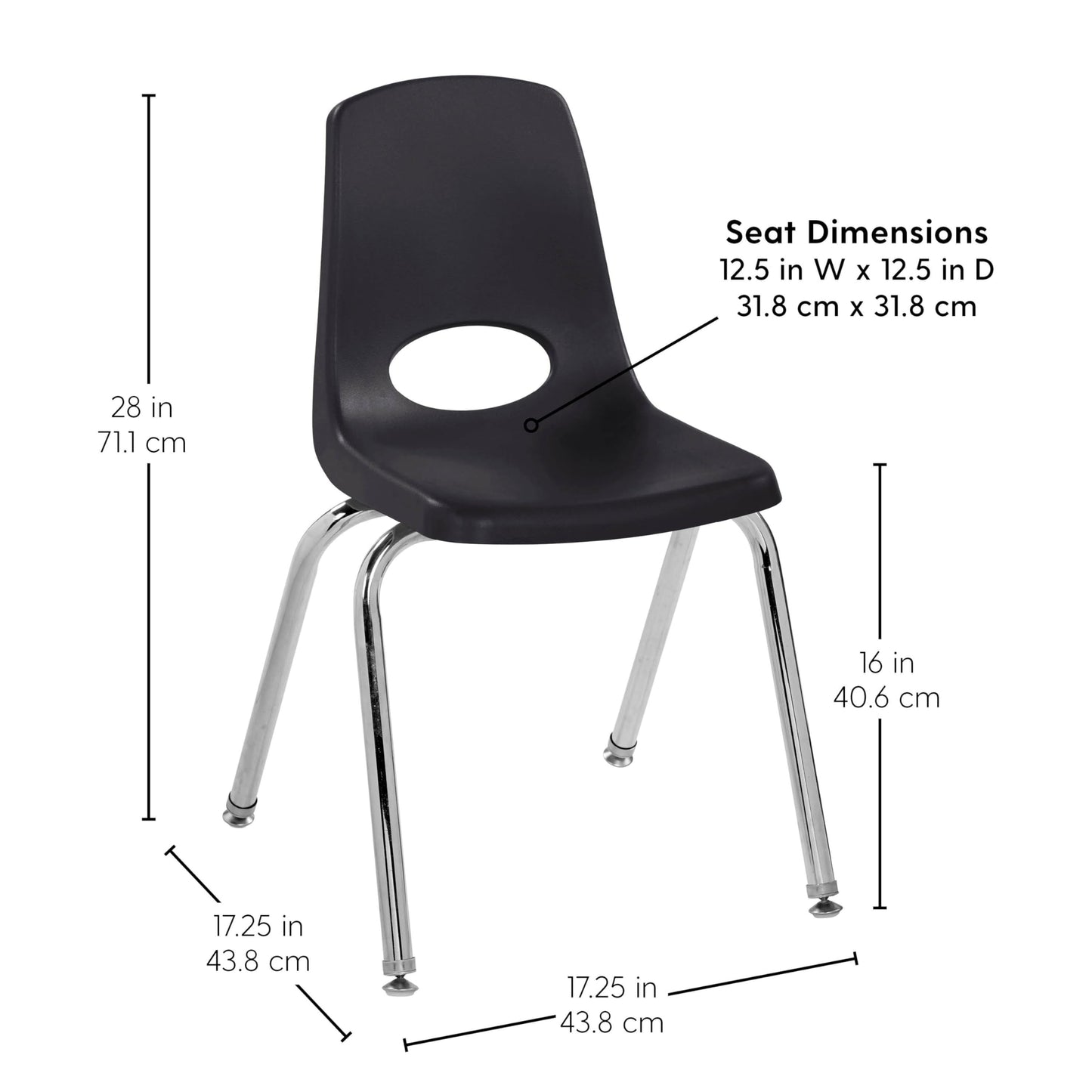 FDP 16" School Stack Chair, Stacking Student Seat with Chromed Steel Legs and Nylon Swivel Glides for in-Home Learning or Classroom - Black (4-Pack), 10383-BK