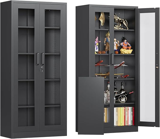 Locking Display Cabinet with Glass Door, 71”H Metal Curio Cabinets with