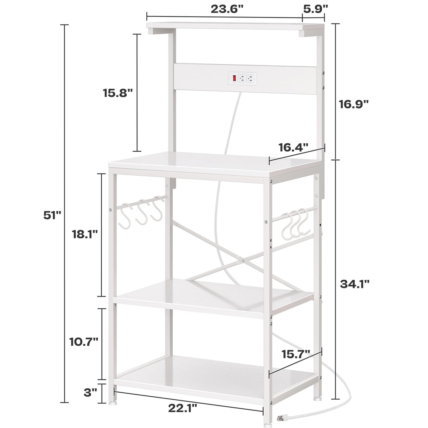 SUPERJARE Kitchen Bakers Rack with Power Outlet, Coffee Bar Table 4 Tiers, Kitchen Microwave Stand with 6 S-Shaped Hooks, Storage Shelf Rack for Spices, Pots and Pans - White