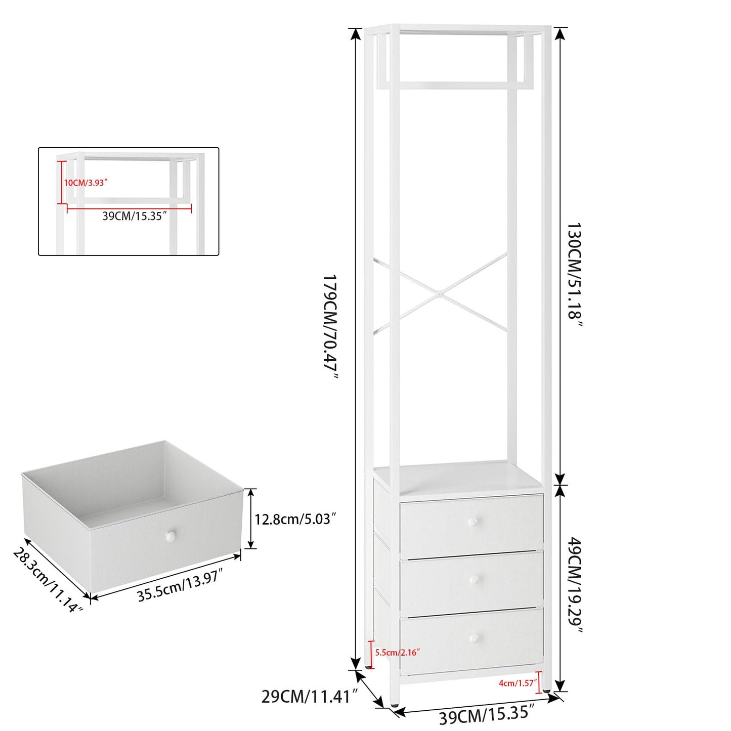 YMYNY Coat Racks, Clothes Rack with Drawers, Freestanding Tall Closet Organizer with 3 Fabric Drawers, Clothes Stand for Hanging Shirts, Coat,15.35" L×11.41" W×70.47" H, White UHGR001W