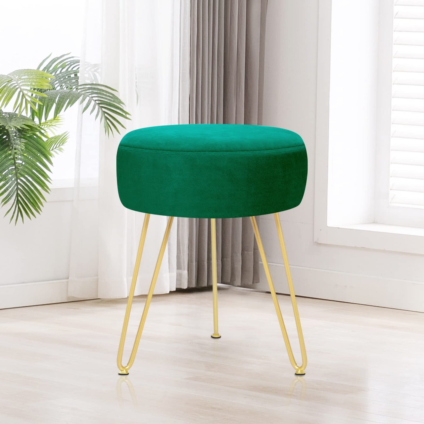 YOONIC Velvet Soft Modern Vanity Footstool -Round Footrest Stool Ottoman Side Table Seat Dressing with Golden Metal Leg and Sponge Filling,Upholstered Foot Rest, for Living Room and Bedroom Teal
