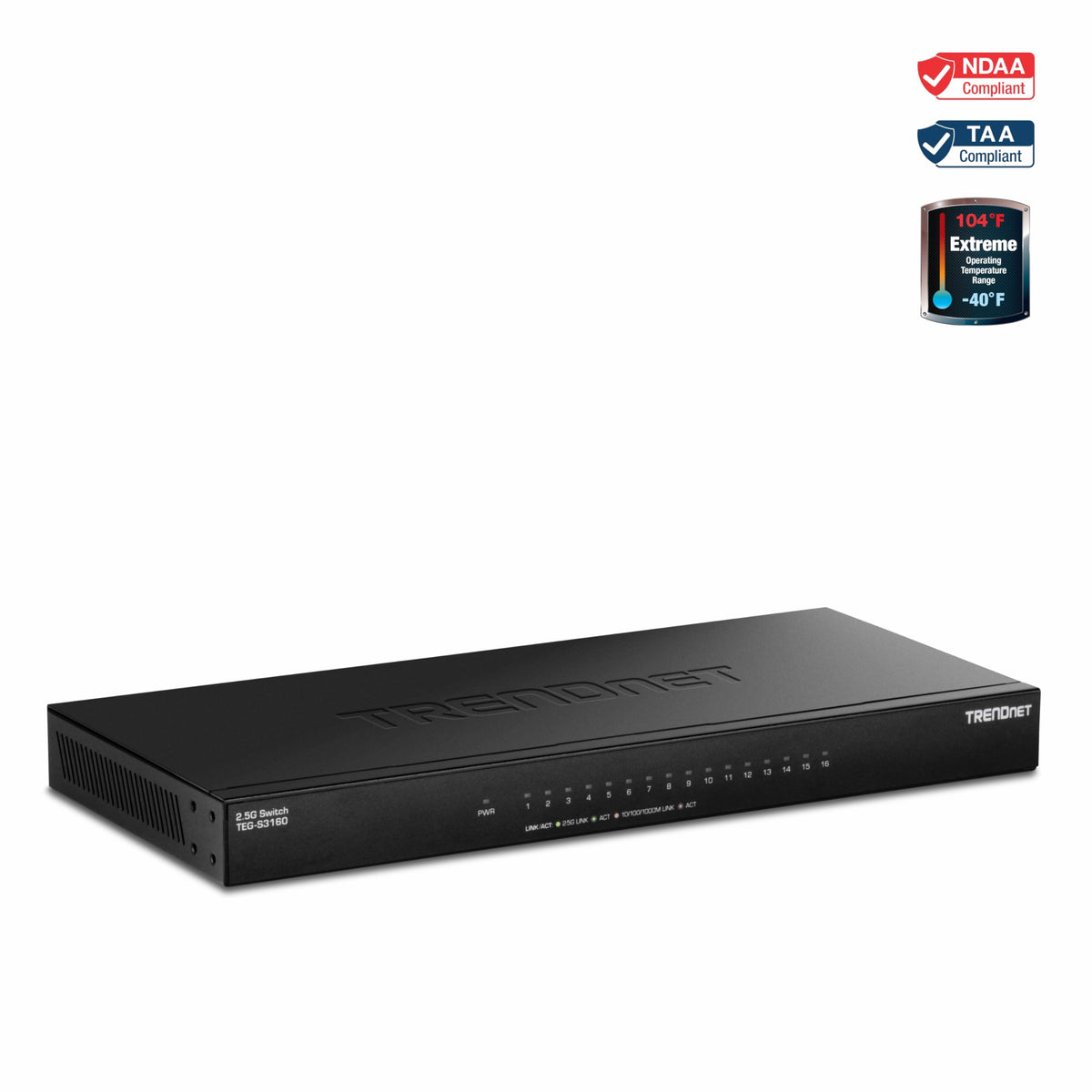 TRENDnet 16-Port Unmanaged 2.5G Desktop Network Ethernet Switch, TEG-S3160, 16 x 2.5Gb RJ-45 Ports, 80Gbps Switching Capacity, Ethernet Splitter, NDAA & TAA Compliant, Lifetime Protection, Black