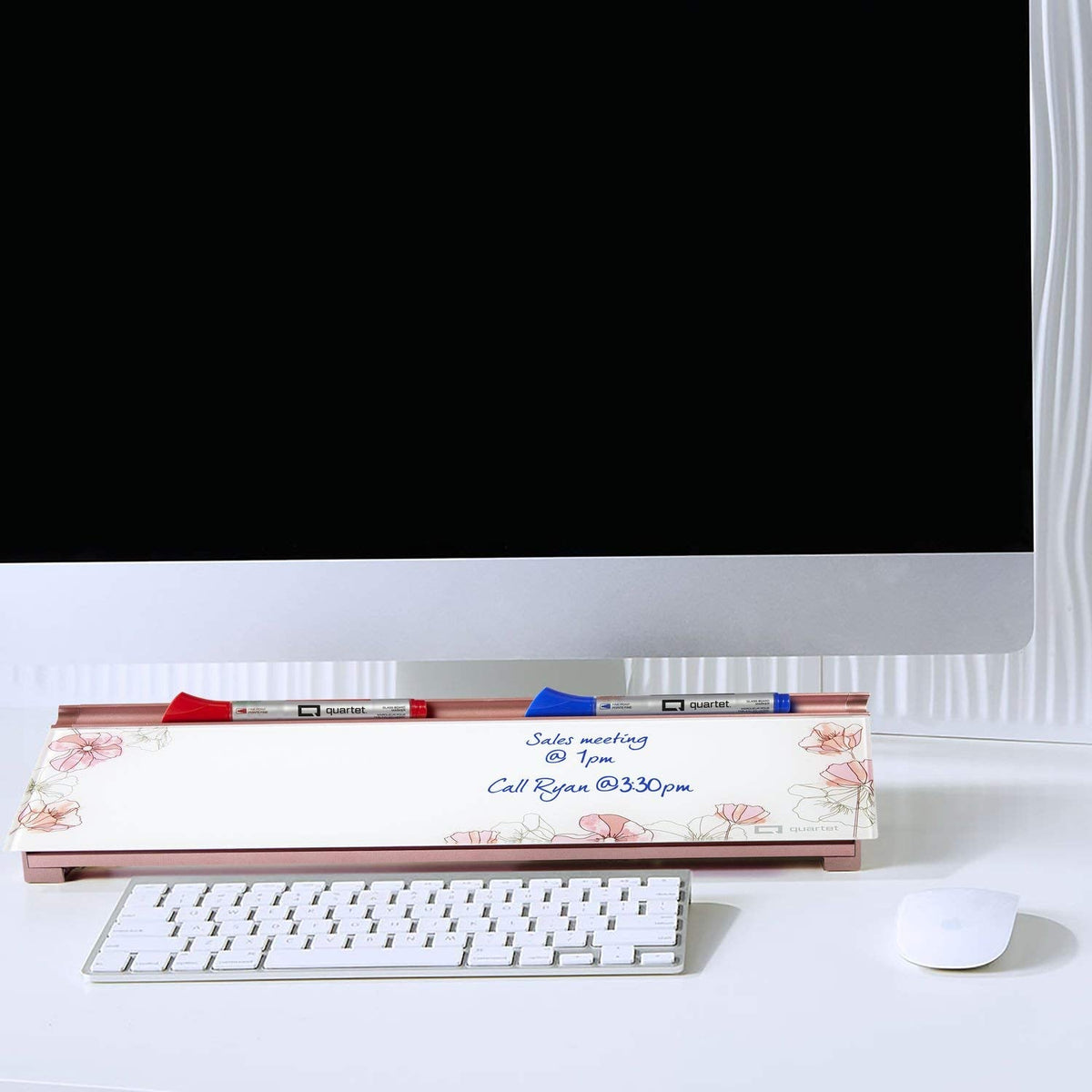 Quartet Glass Dry Erase White Board 18"W x 6"H, Compact Desktop Whiteboard with Storage Drawer, Floral (GDP186P)