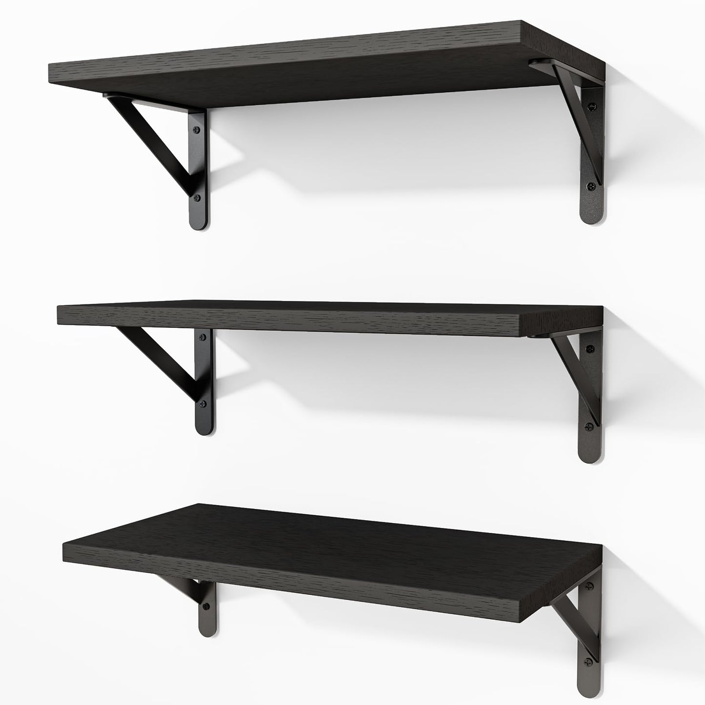 Fixwal Black Shelves for Wall, Wood Wall Mounted Floating Shelves for Bedroom, Bathroom, Living Room, Kitchen Storage and Decor(Black, Set of 3, 16.5 Inch)