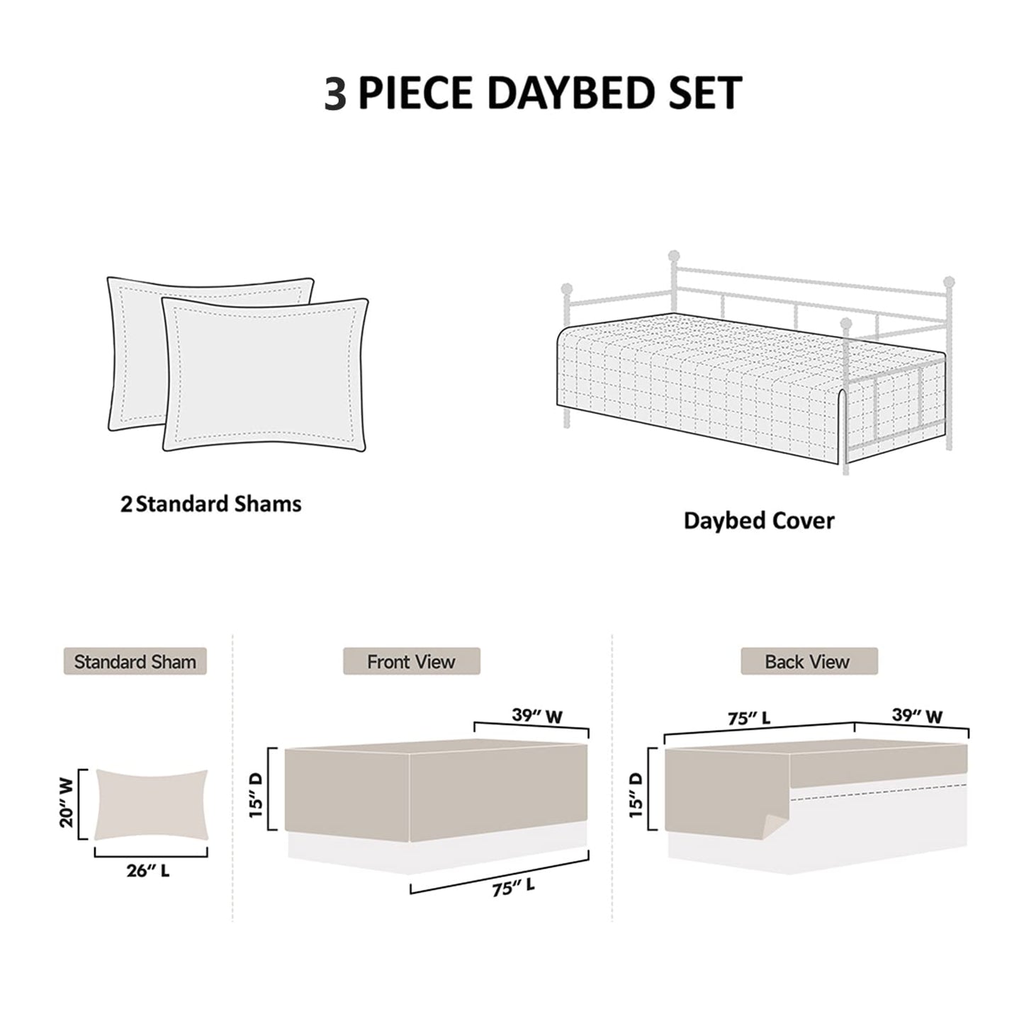 Jarson 3 Pcs Burgundy Sofa Daybed Cover Set Twin Size Daybed Bedding Double Sided Bed Set All Season Cozy Bedding Solid Color Classic Design Daybed Quilt Set with Matching Shams,39"x75"