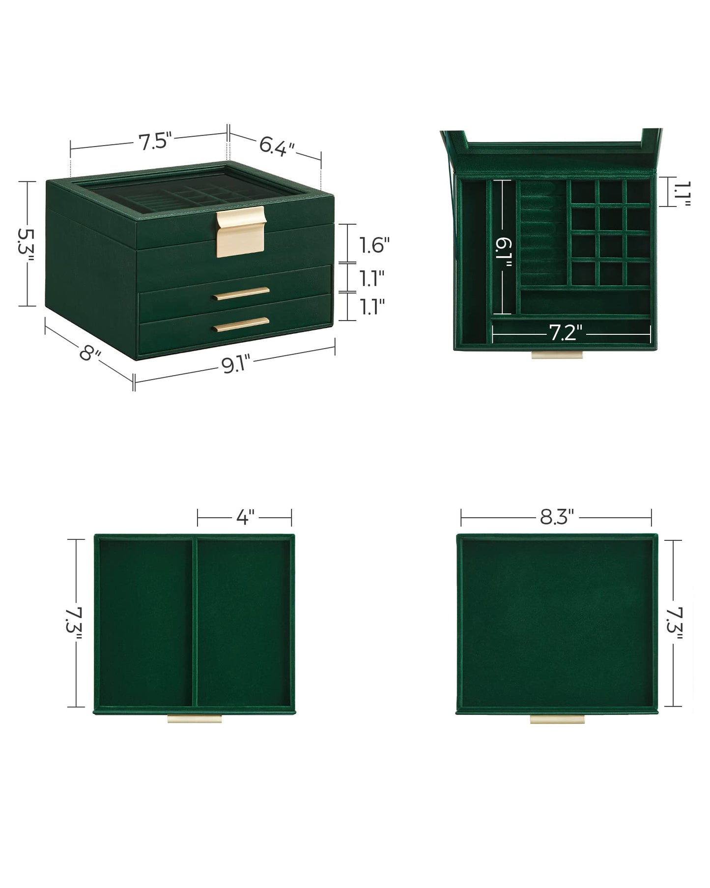 SONGMICS GISELLA Collection - Jewelry Box Organizer, 3-Layer Jewelry Storage with 2 Drawers, Shiny Metal Hardware, Glass Lid, Modern, 8 x 9.1 x 5.3 Inches, Forest Green and Gold Color UJBC239C01