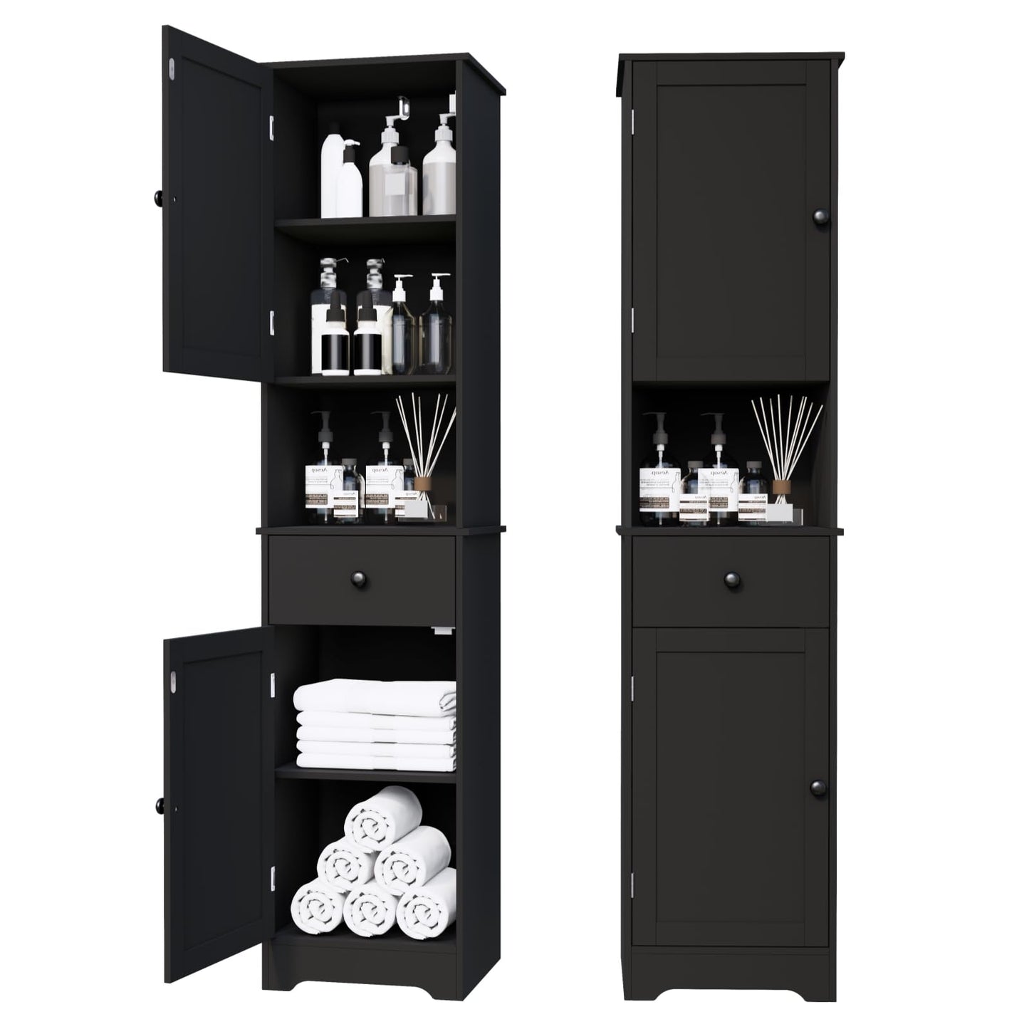 Viaozutis Tall Bathroom Cabinet, Storage Cabinet with 2 Doors & 2Drawer, with Ajustable Shelve, for Bathrooms, Kitchens,Entrances（Black）