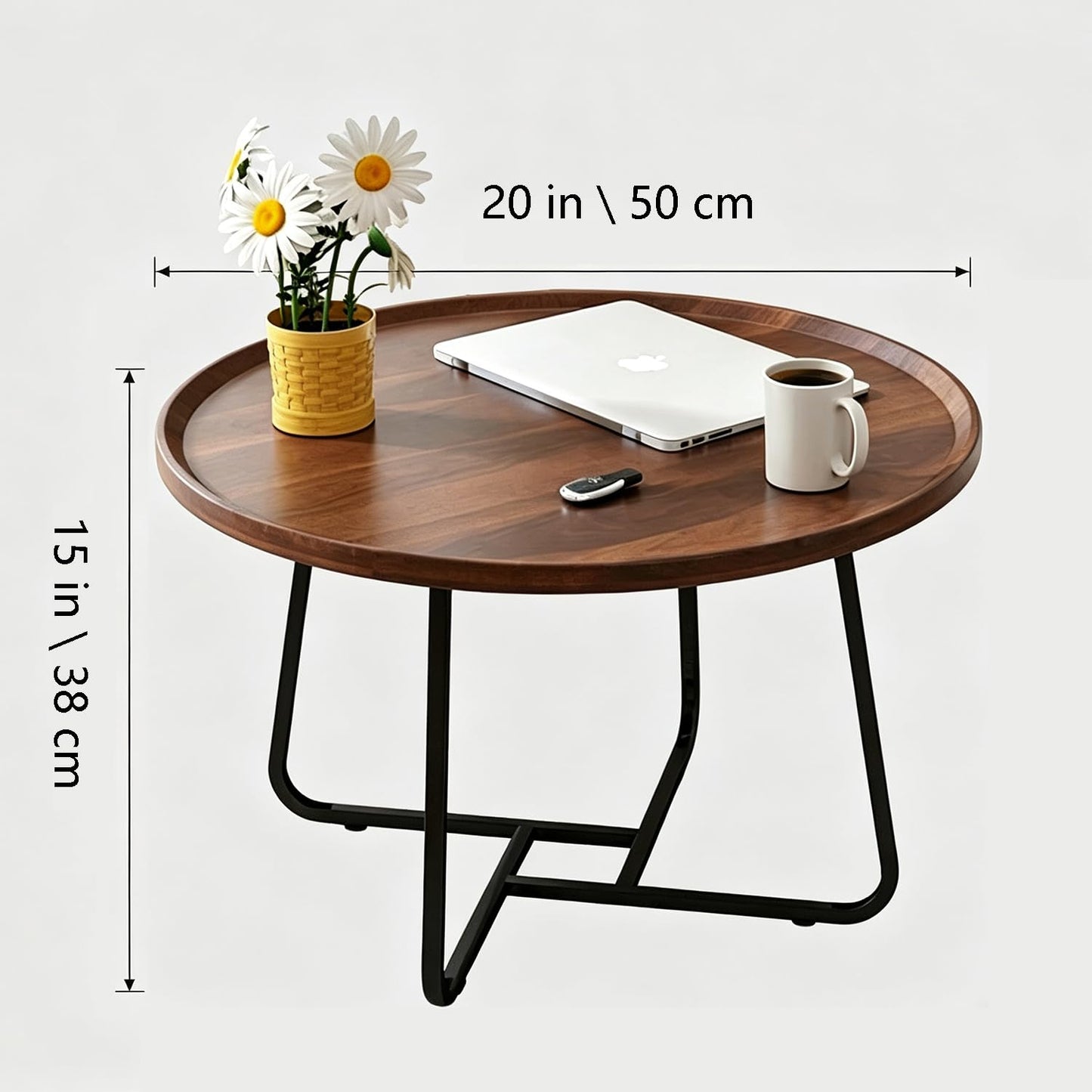 GTIWROTN Small Round Coffee Table, Wooden Surface Top & Sturdy Metal Legs Coffee Table with Fluted, End Table for Living Room Bedroom Office Balcony Yard (Walnut, 20 inches)