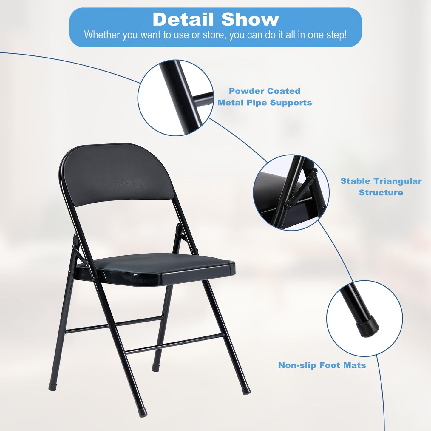 Homnso 6 Pack Black Folding Chairs with Padded Seats and Back, Portable Stackable Commercial Folding Chairs with Steel Frame for Home Office Wedding Party Indoor & Outdoor Events, 330lbs Capacity